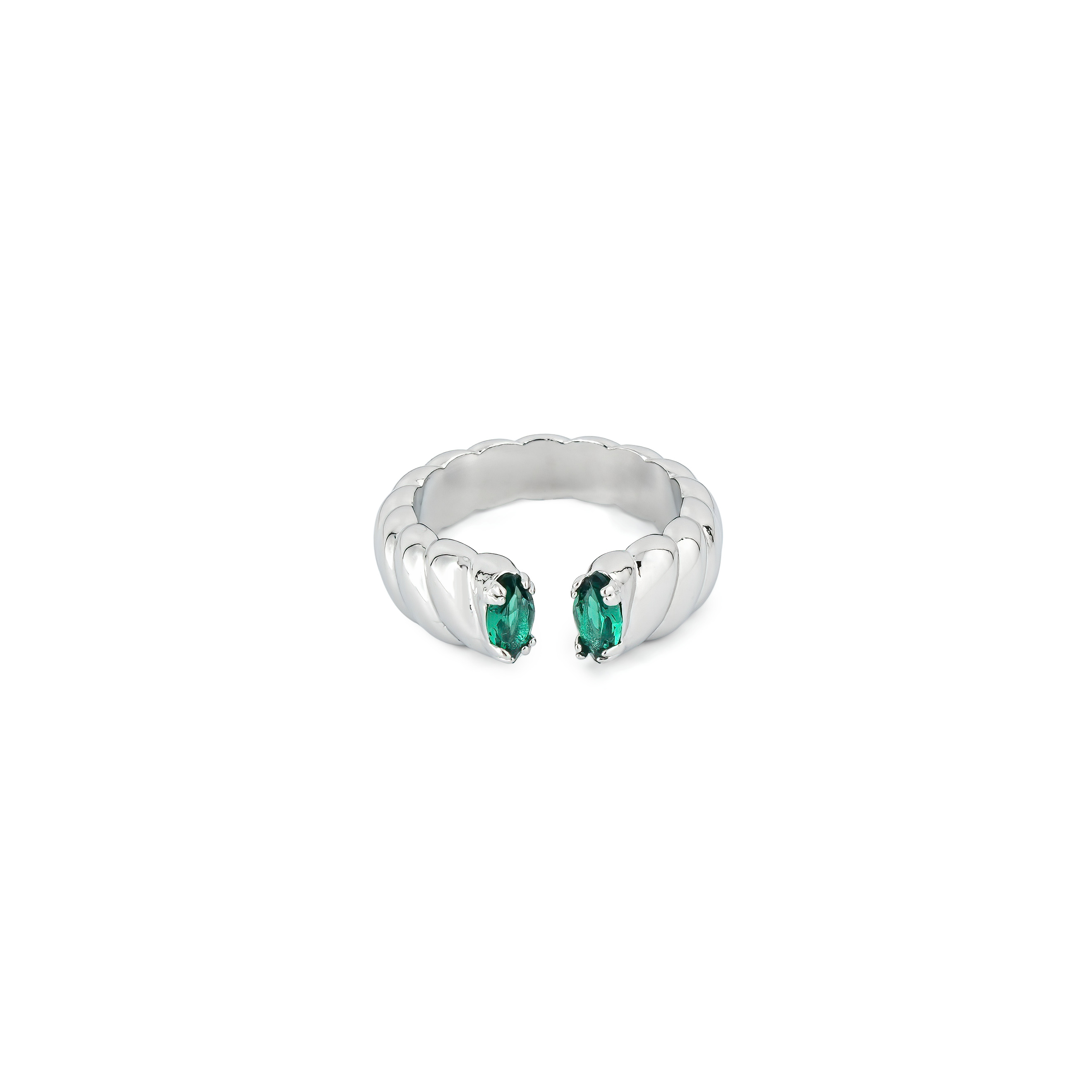 Silver twisted ring with green marquis cut crystals