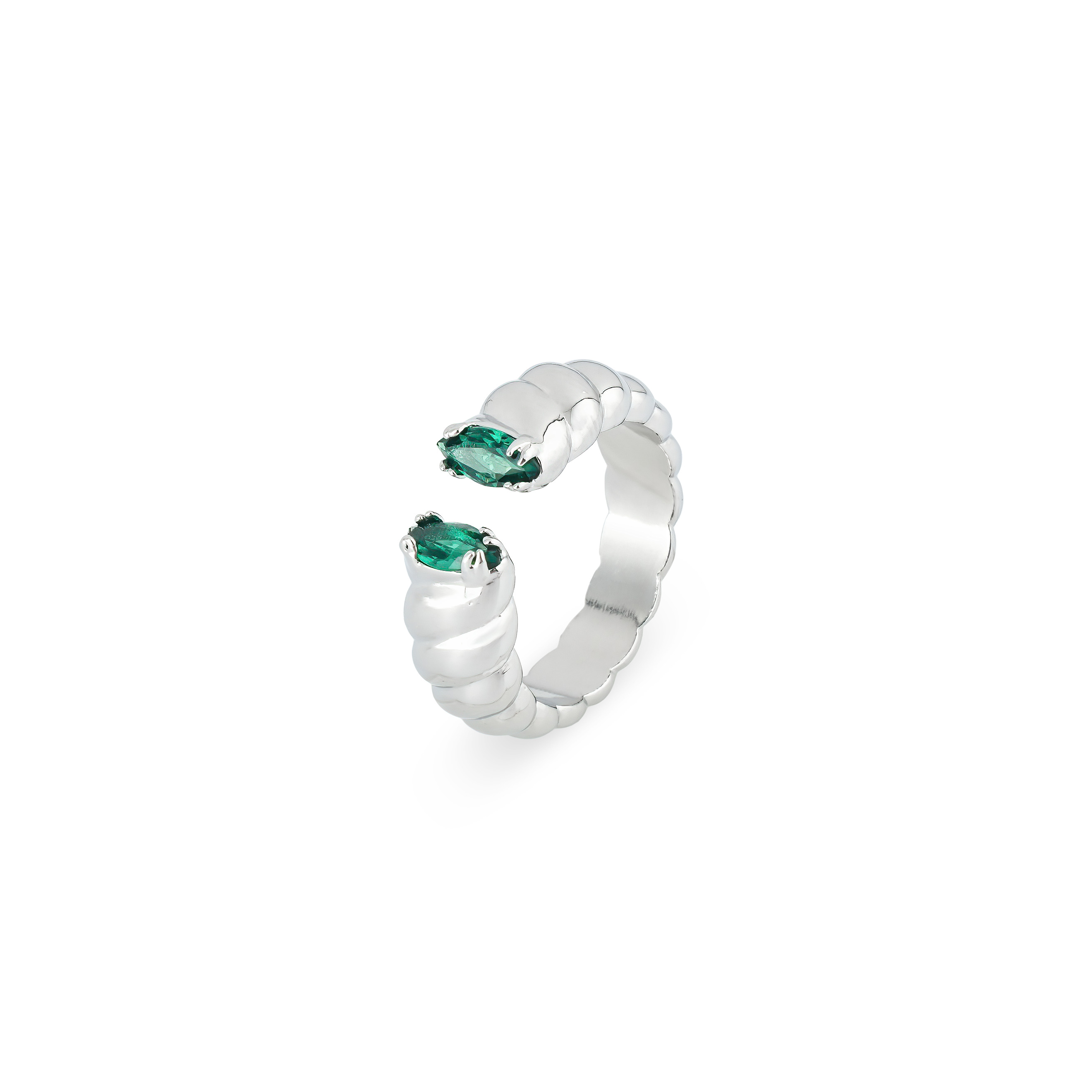 Silver twisted ring with green marquis cut crystals