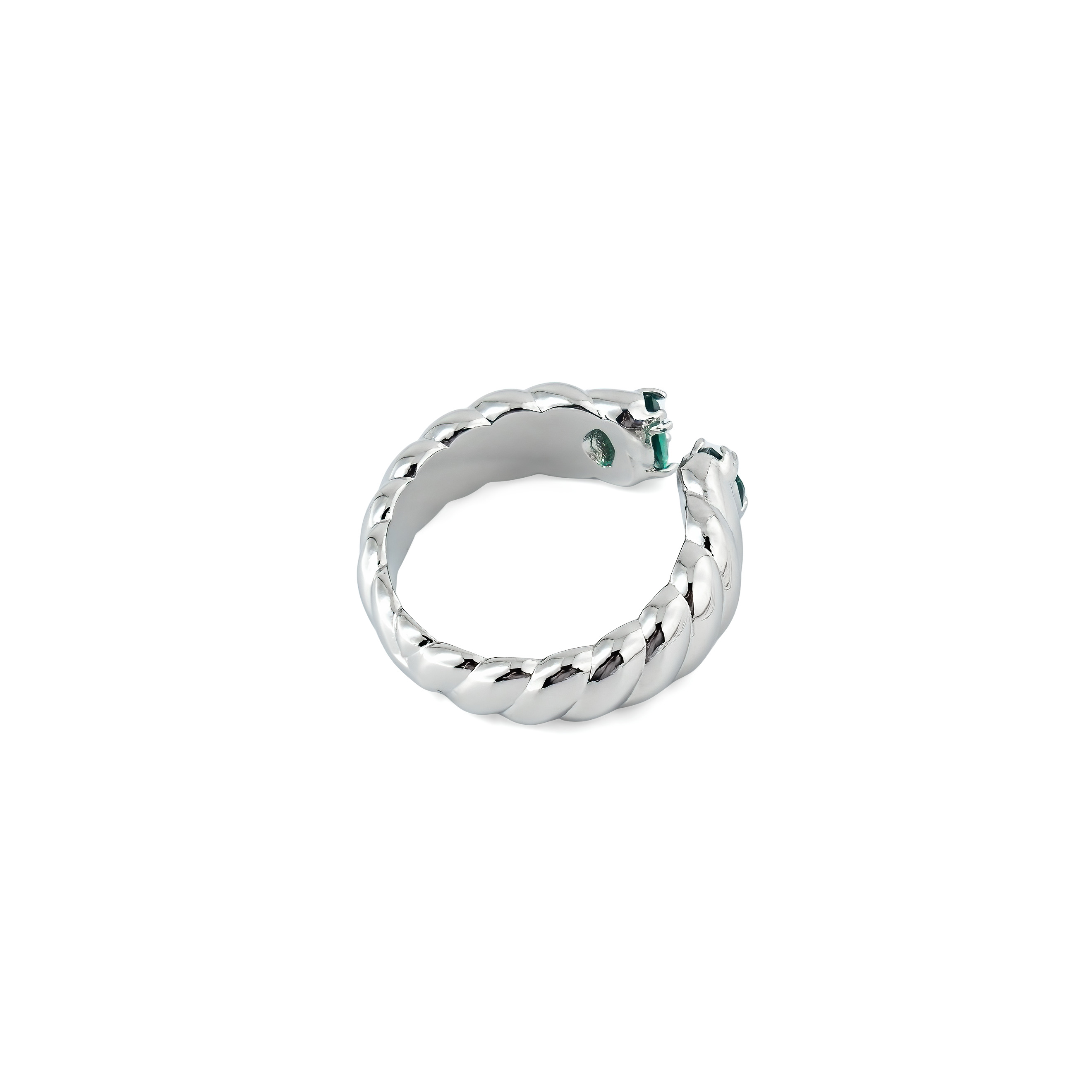 Silver twisted ring with green marquis cut crystals