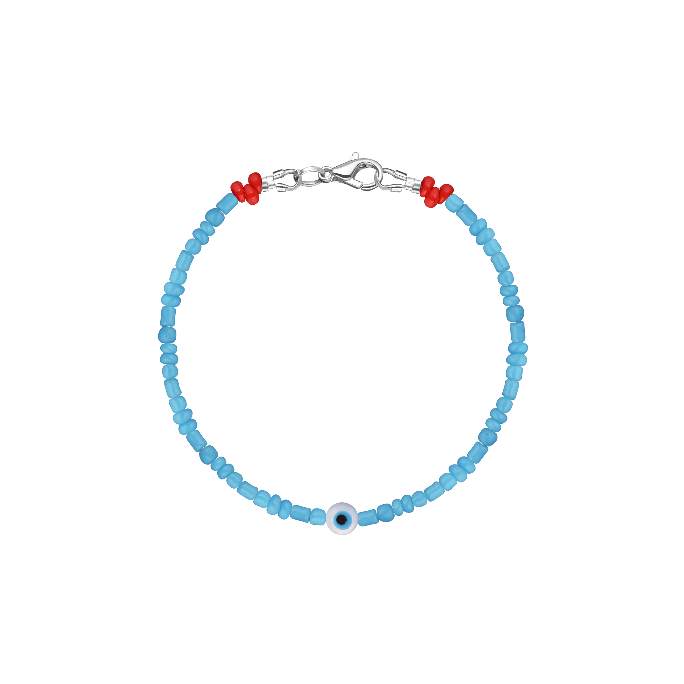 A bracelet made of blue beads with an eye