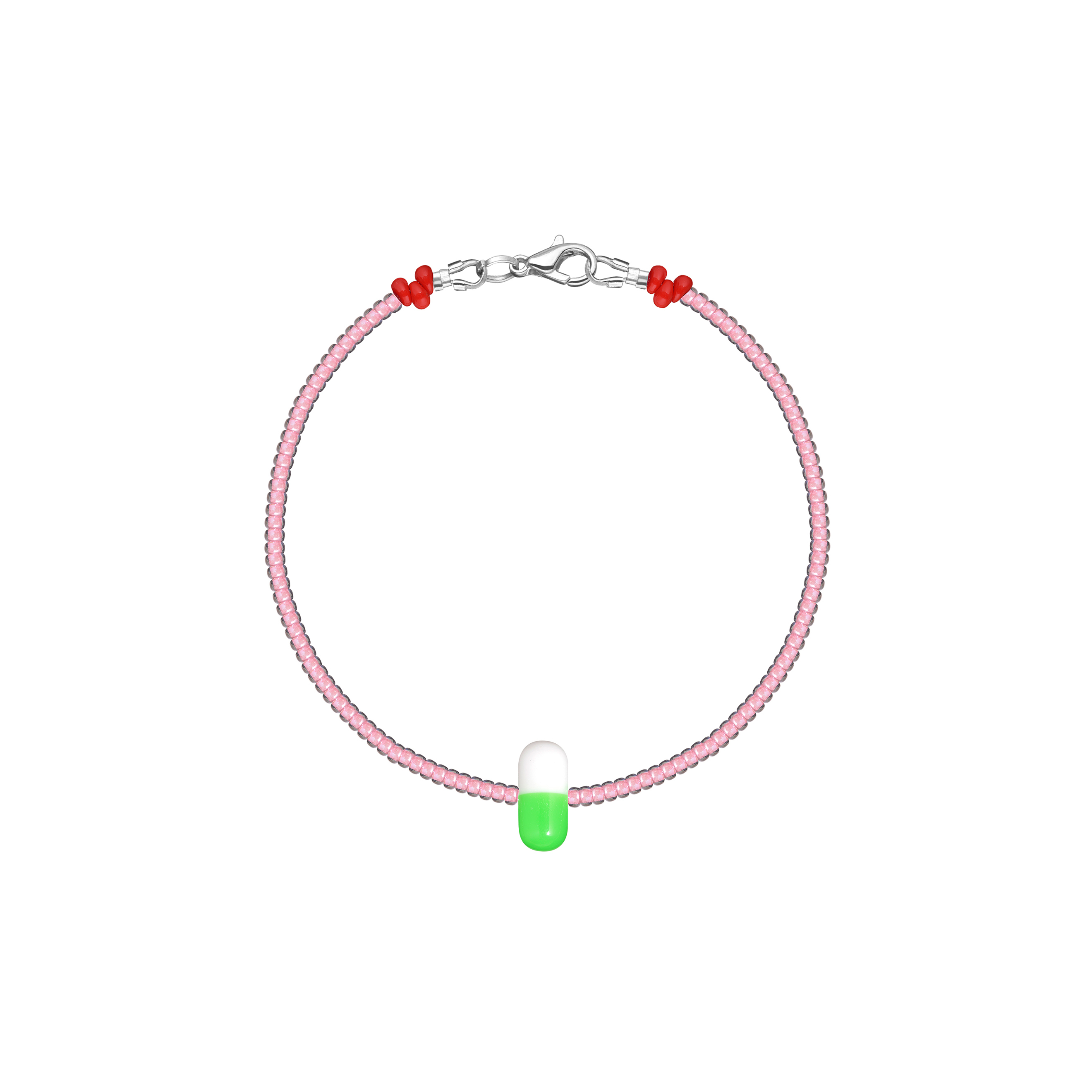 Pink bracelet with green pill