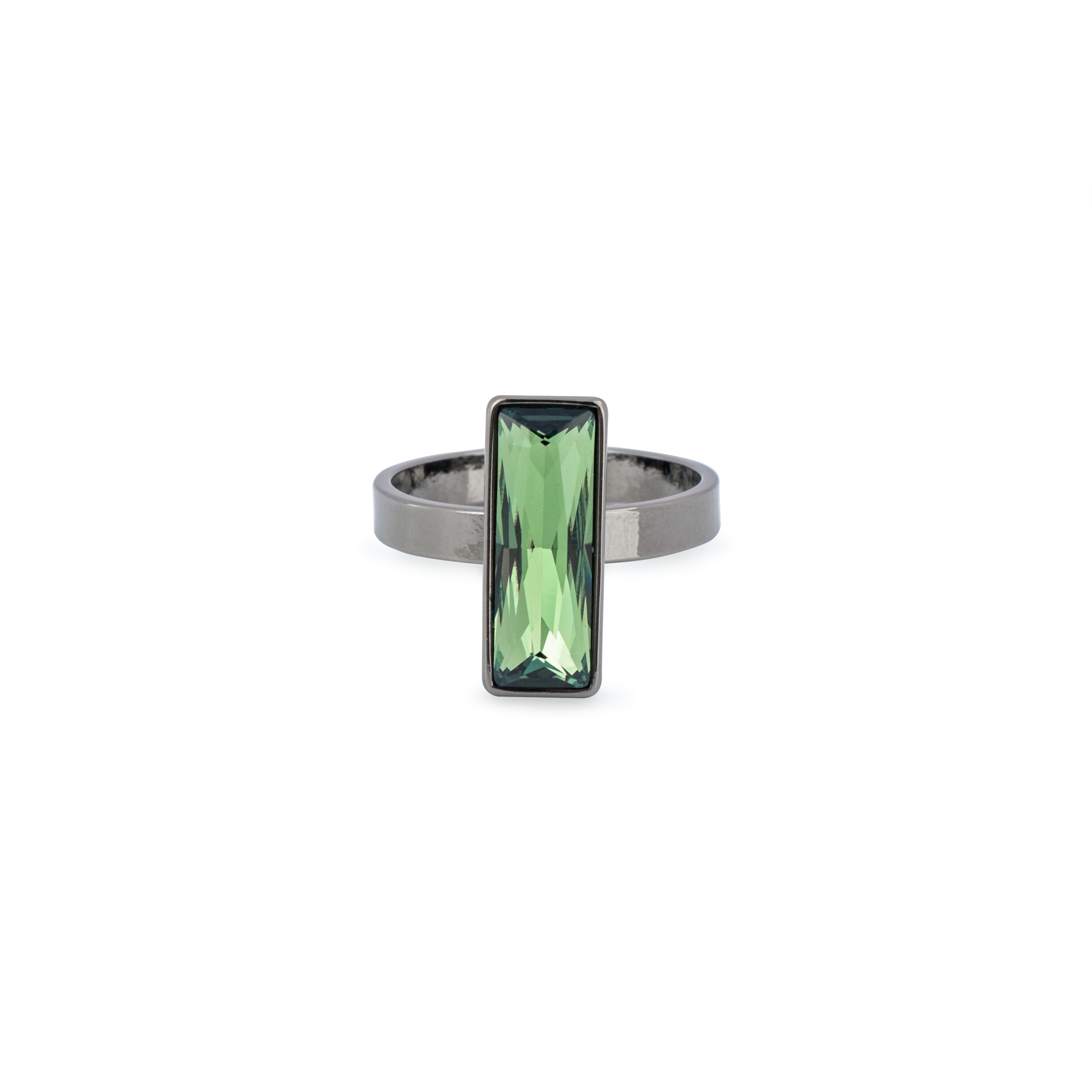 Blackened ring with green crystal