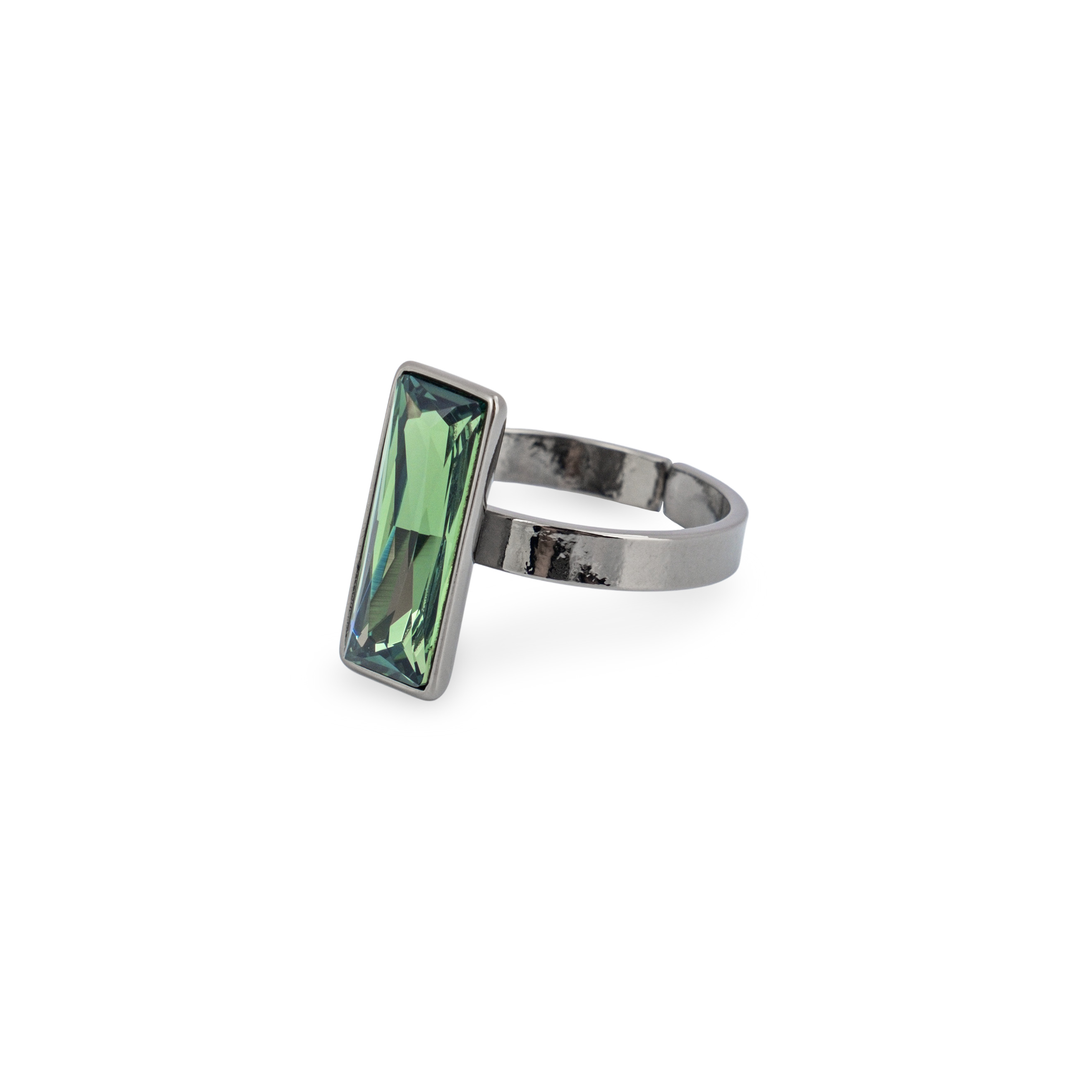 Blackened ring with green crystal