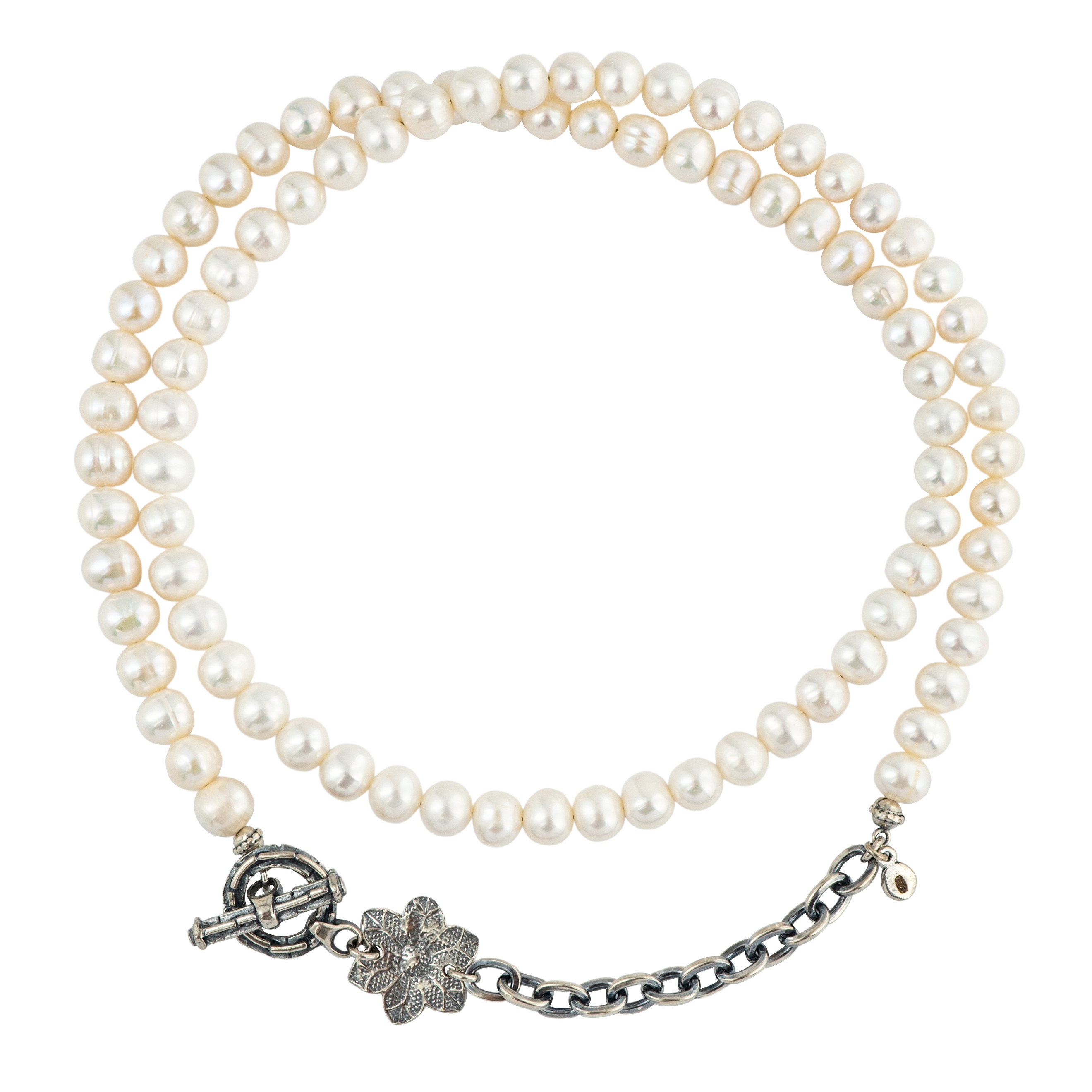 White pearly bead necklace with a silver chain