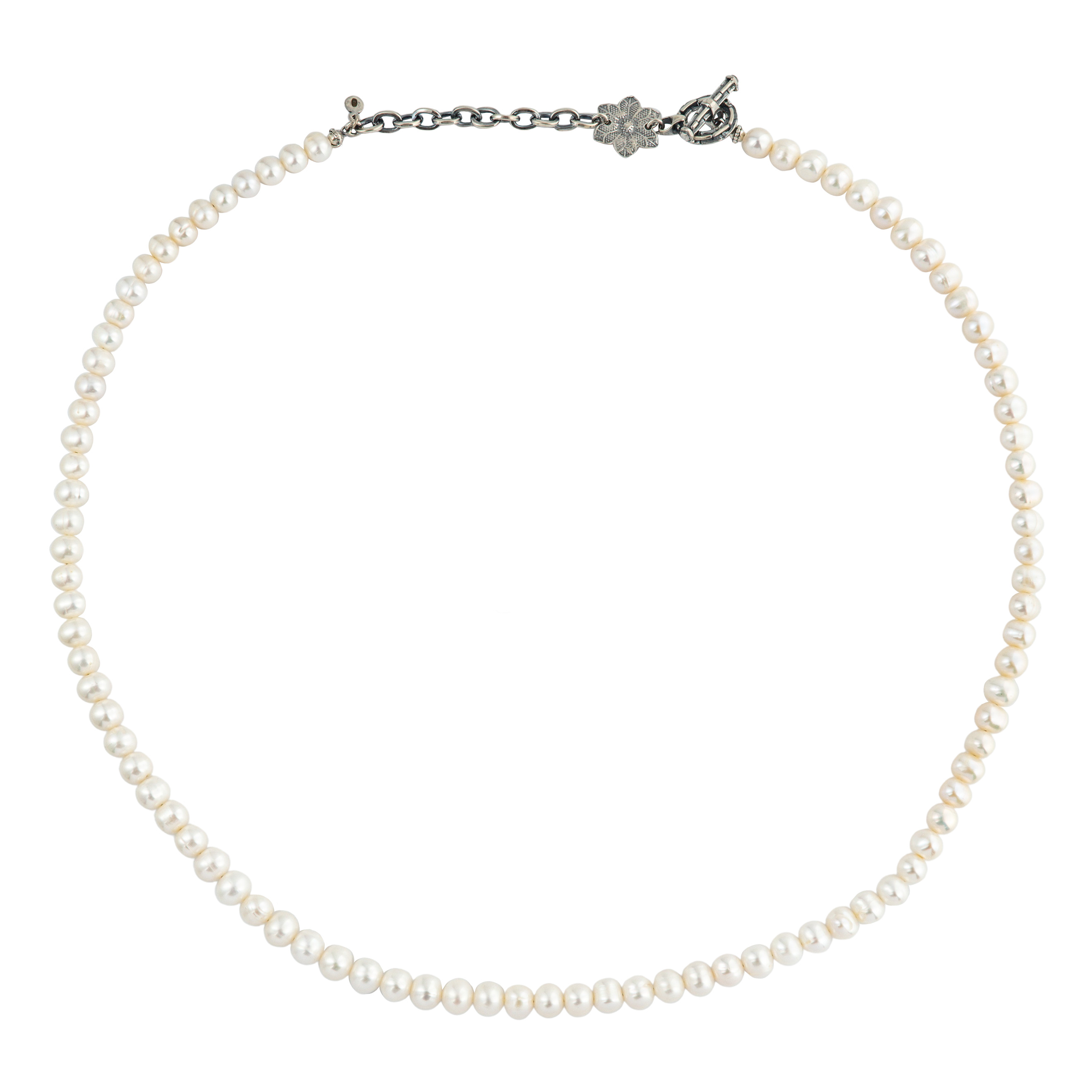White pearly bead necklace with a silver chain