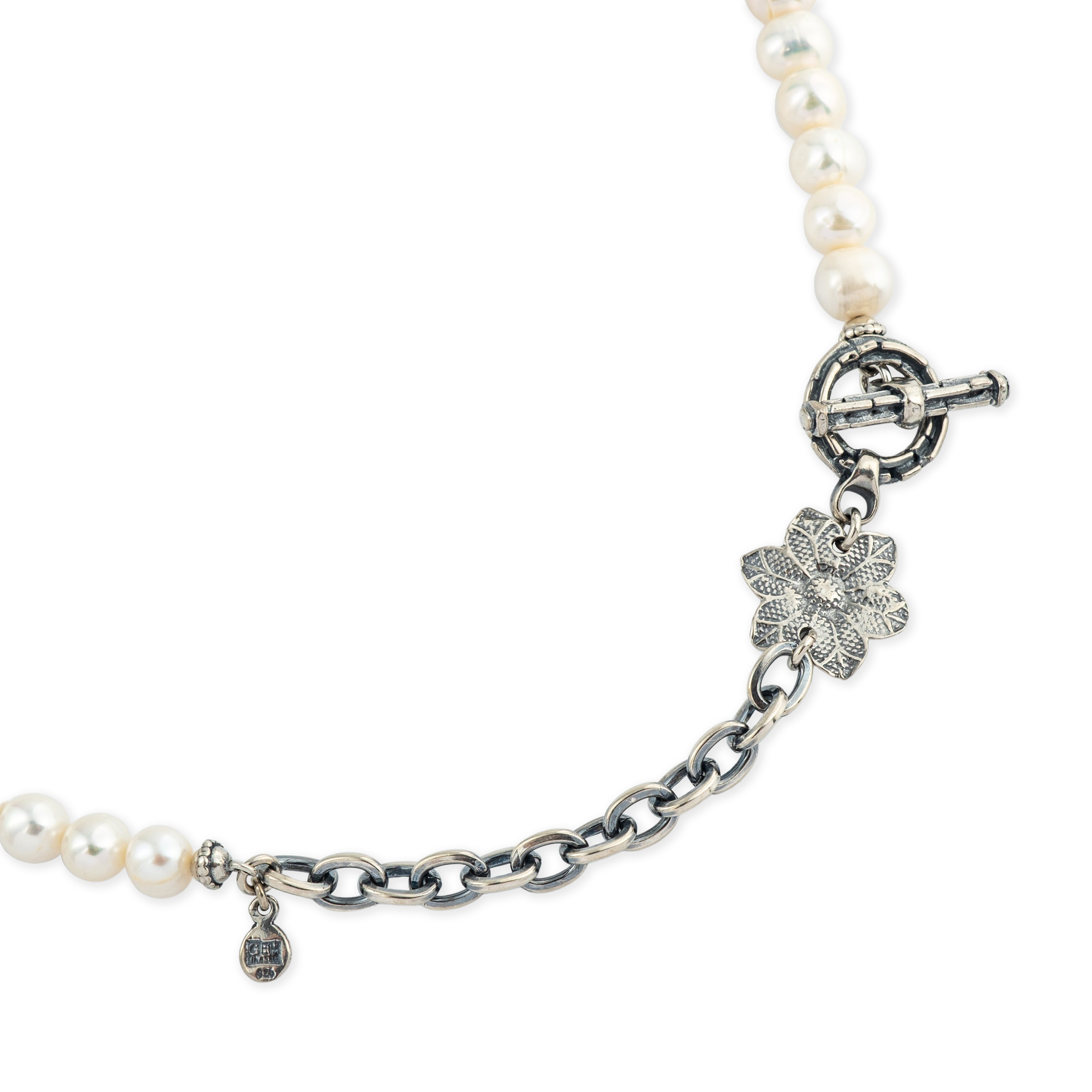 White pearly bead necklace with a silver chain
