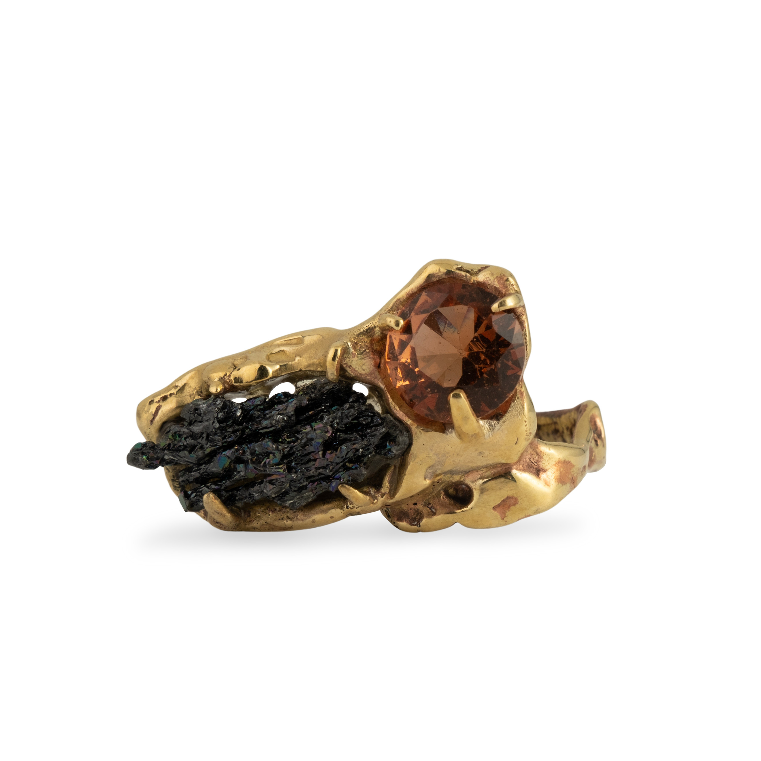 Brass ring with inserts: synthetic sultanite and quartz