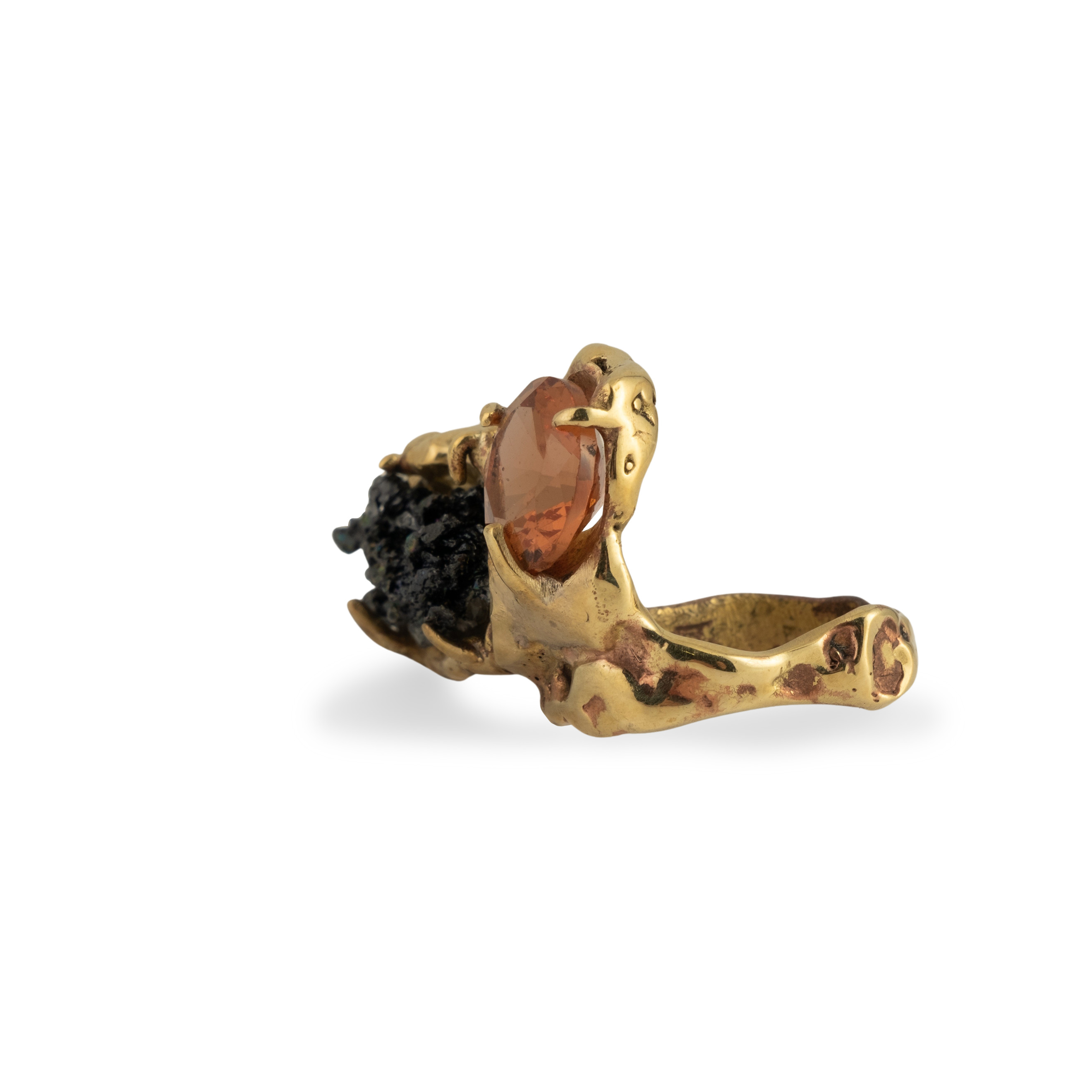 Brass ring with inserts: synthetic sultanite and quartz