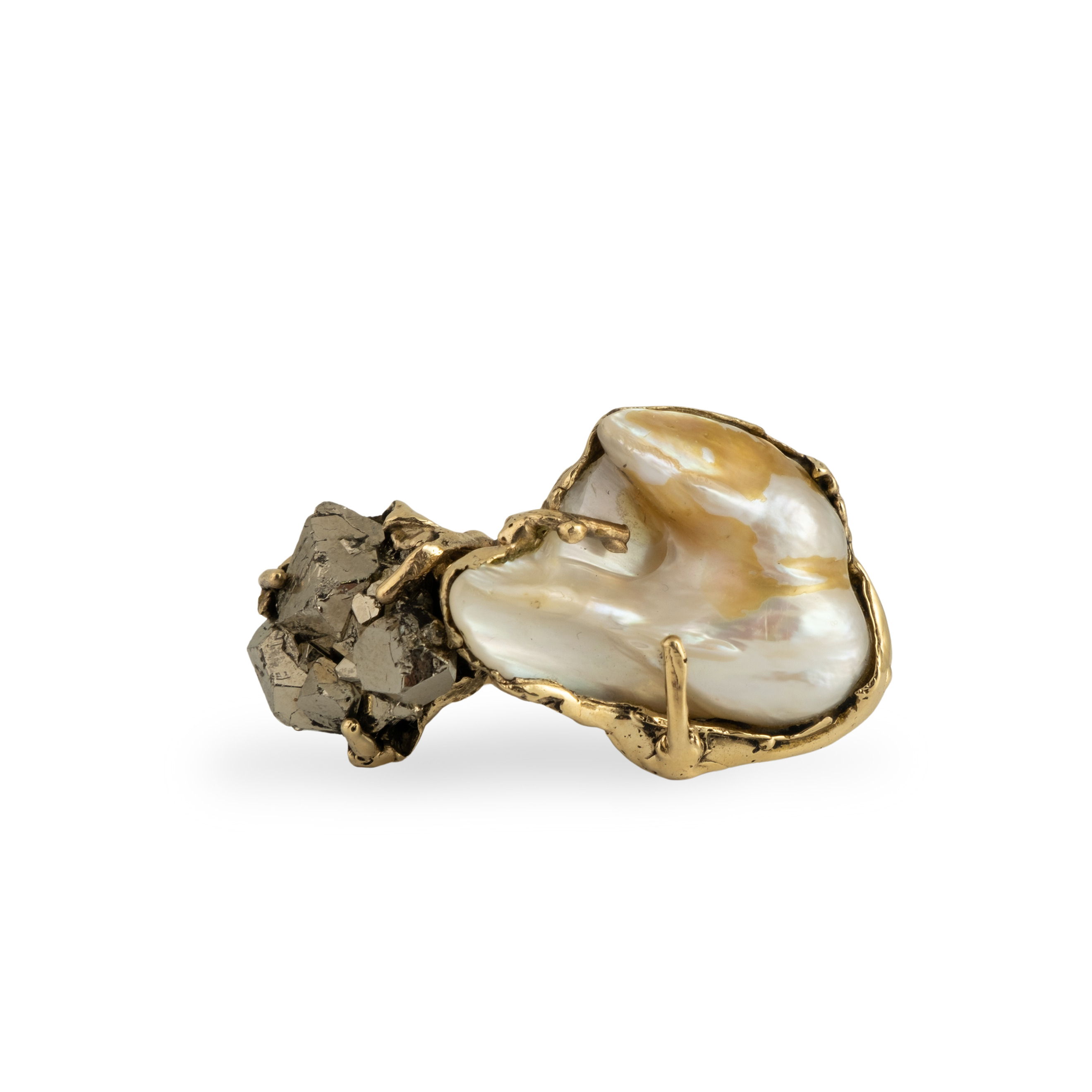 Brass ring with inserts: pearls, cubic zirconia and pyrite