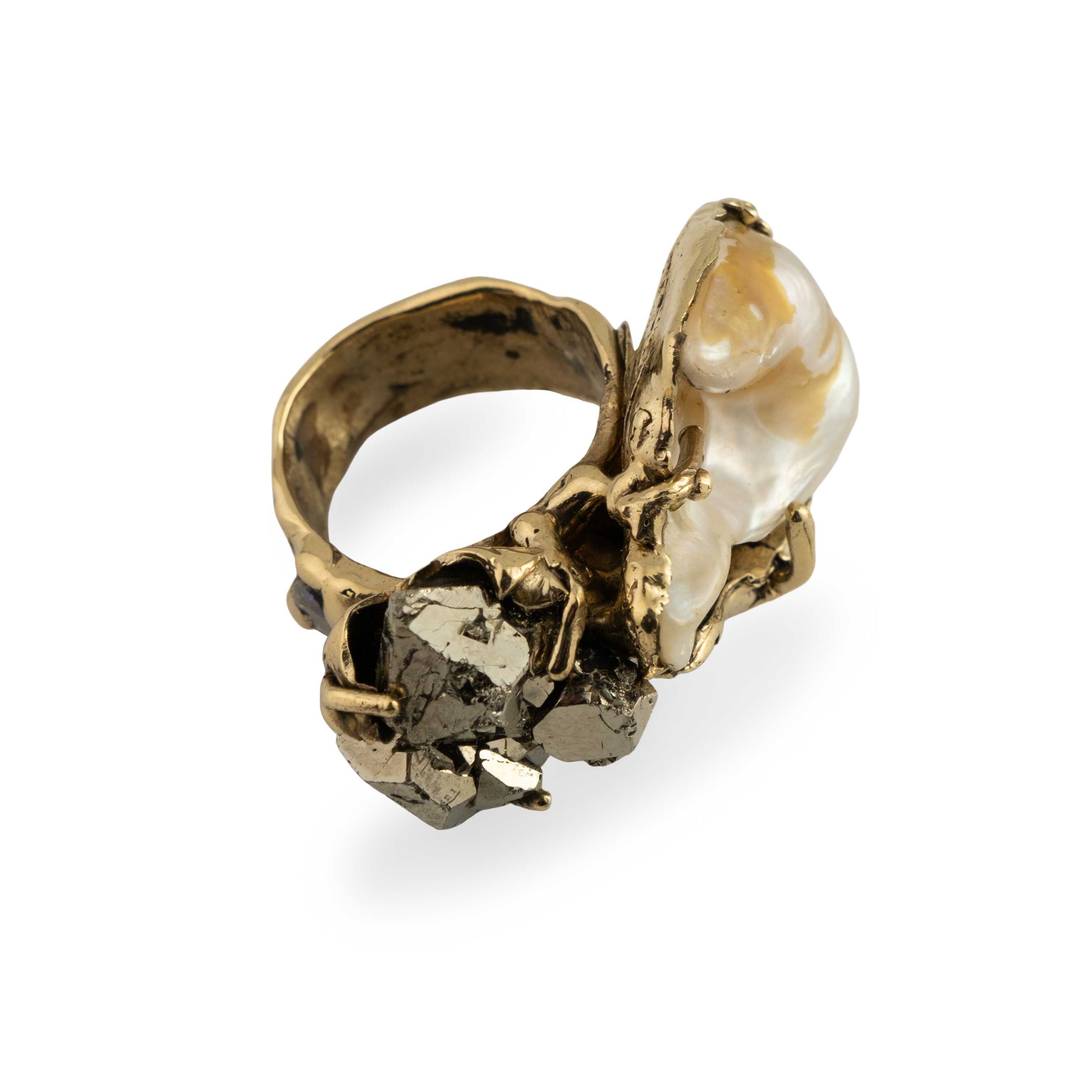 Brass ring with inserts: pearls, cubic zirconia and pyrite