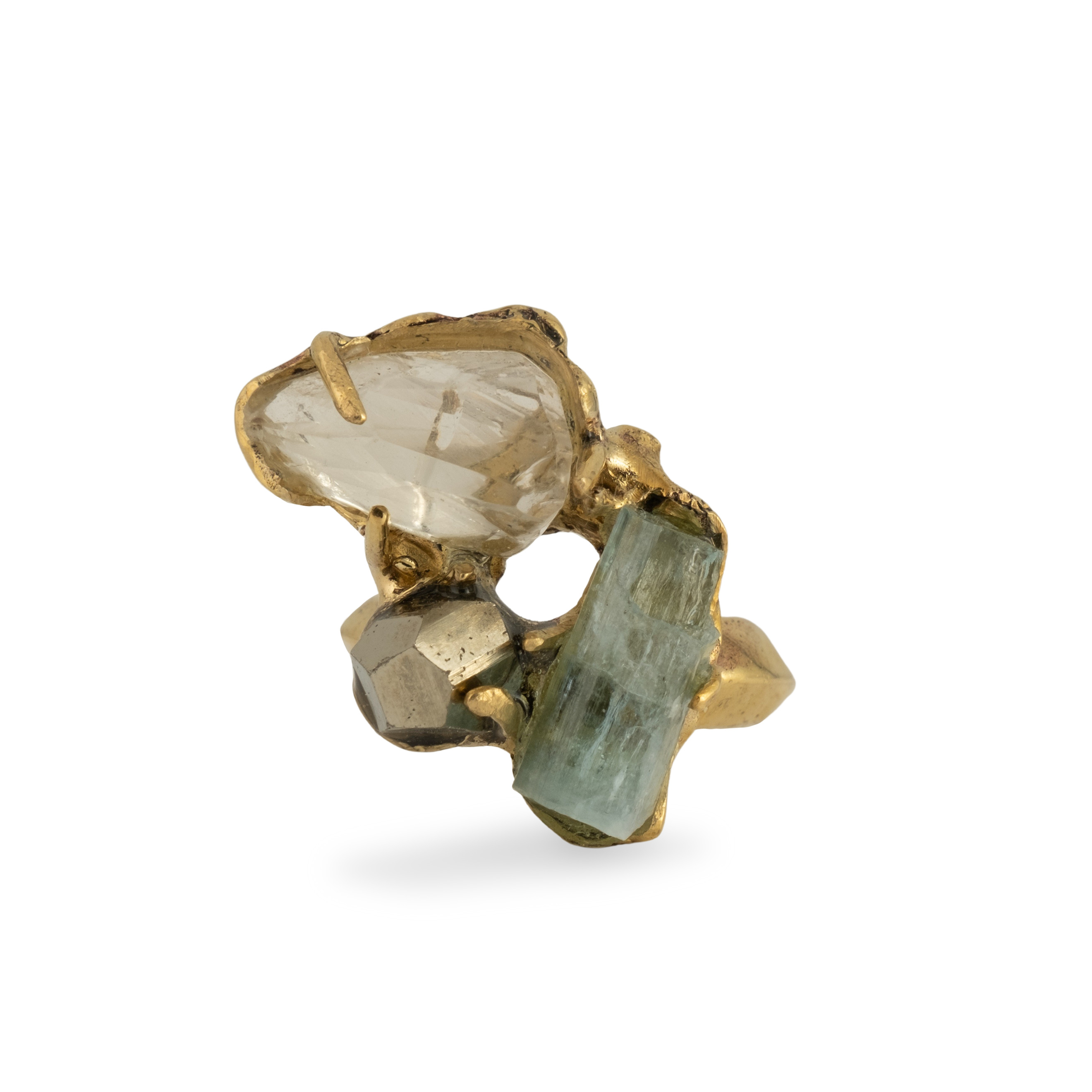 Brass ring with inserts: aquamarine, quartz and pyrite