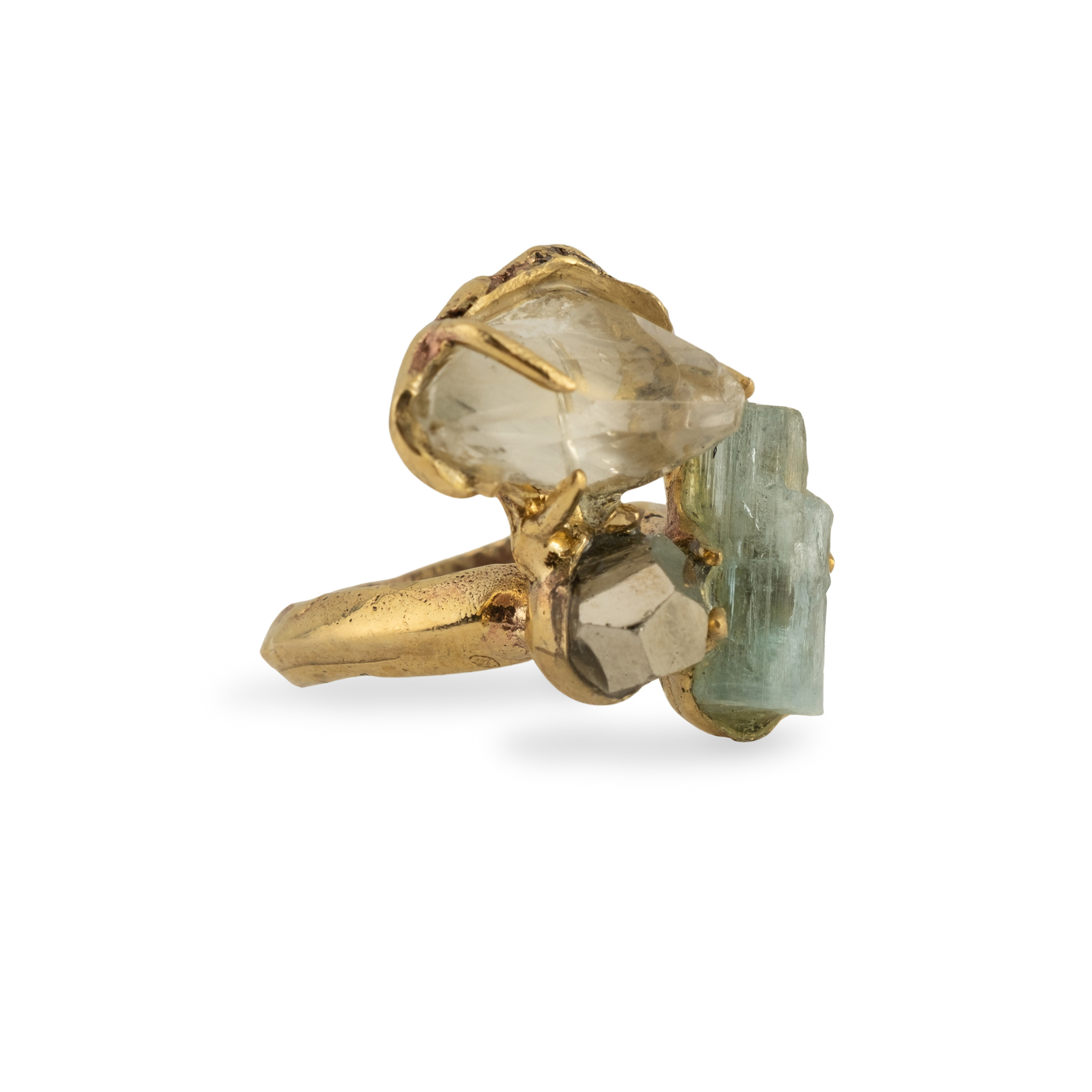 Brass ring with inserts: aquamarine, quartz and pyrite