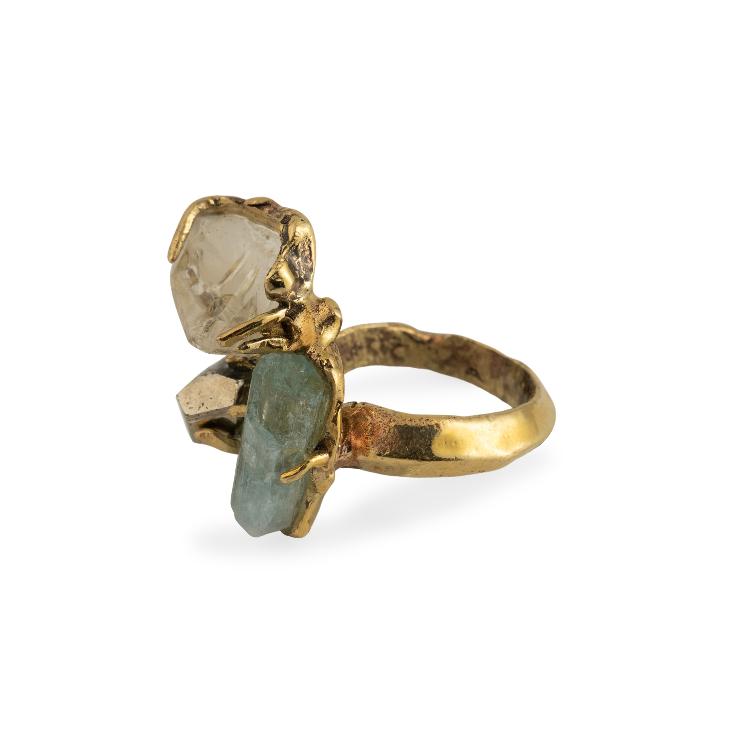 Brass ring with inserts: aquamarine, quartz and pyrite