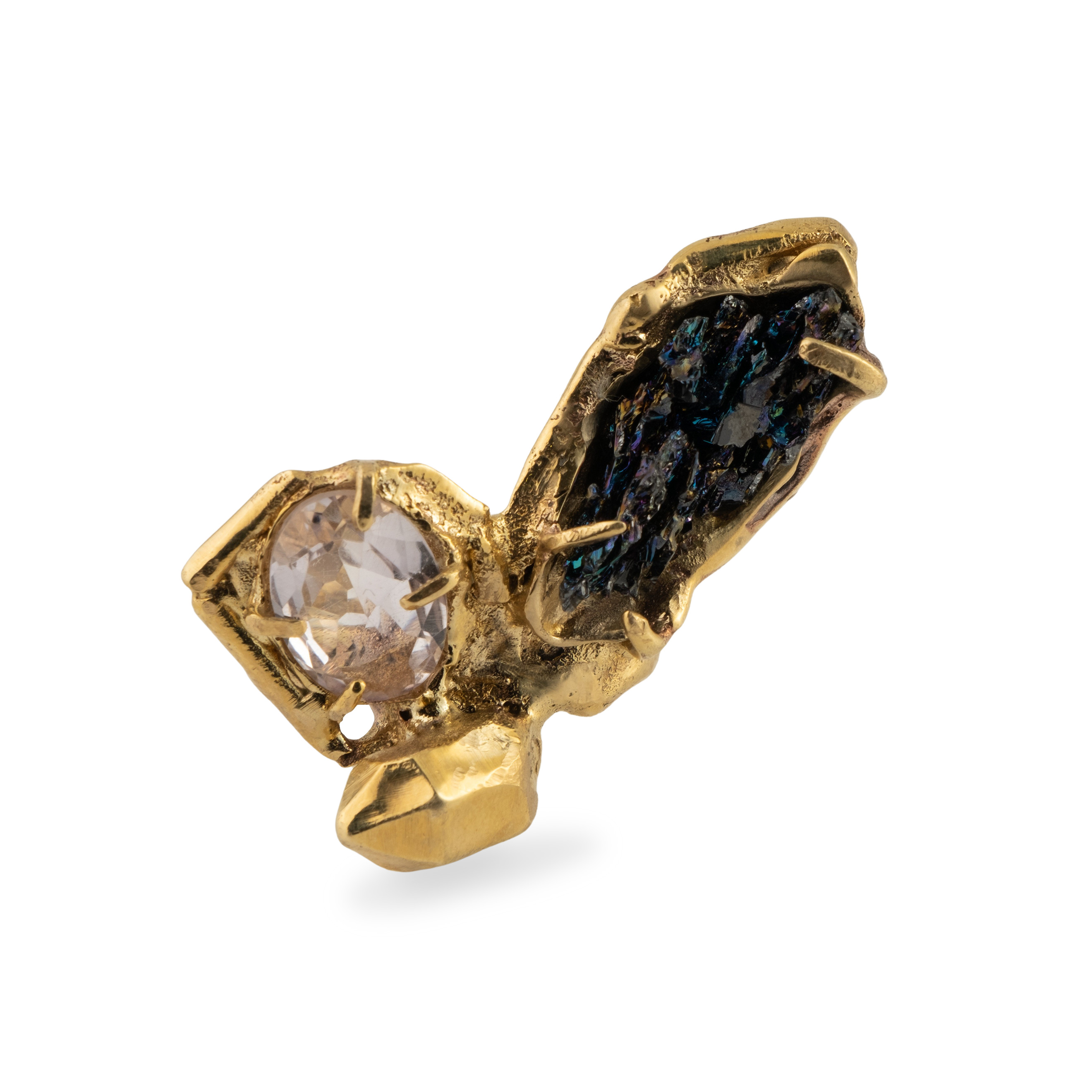 Brass ring with inserts: quartz and amethyst