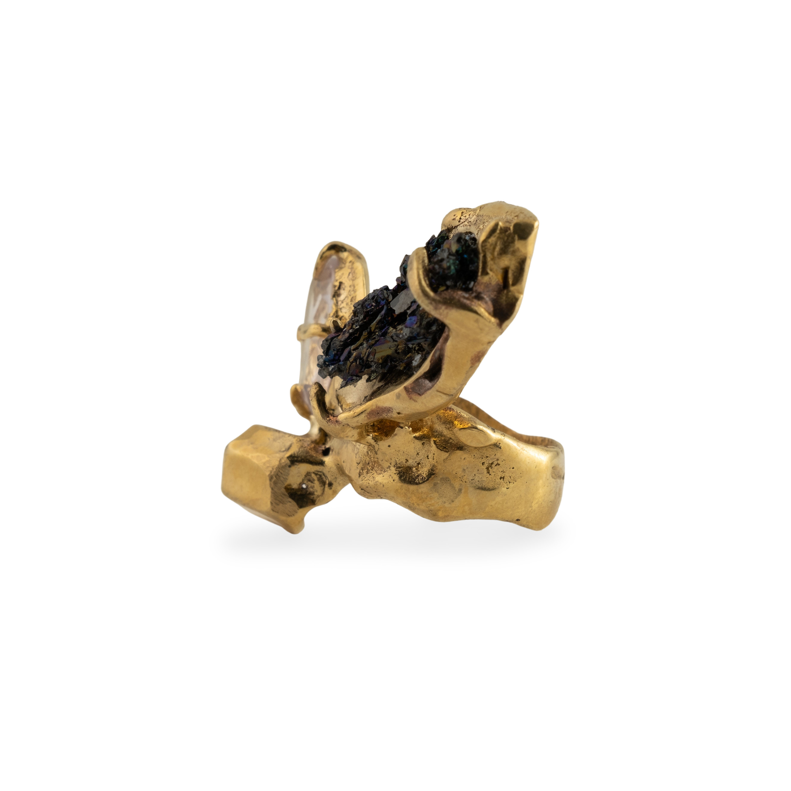 Brass ring with inserts: quartz and amethyst