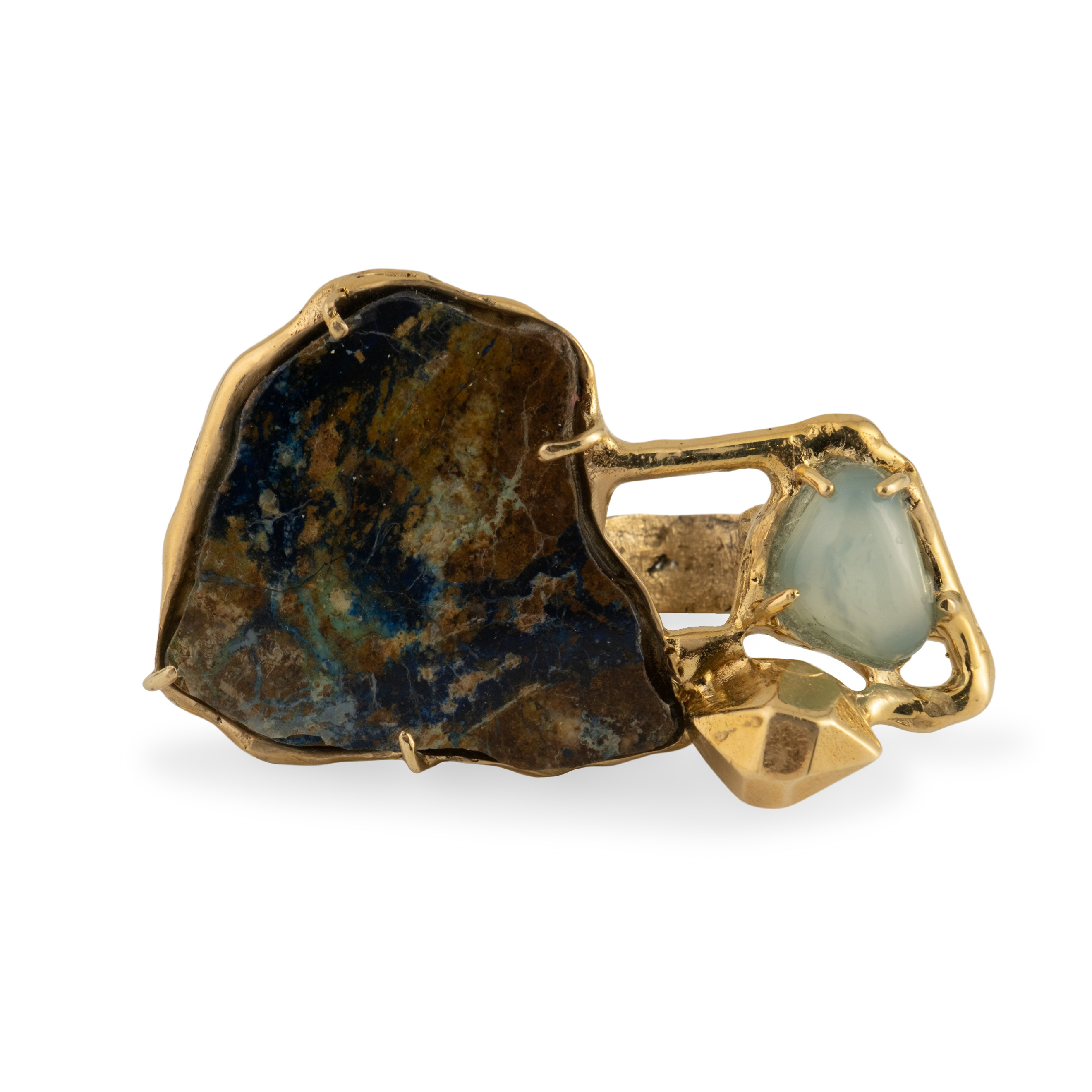 Brass ring with inserts: azurmalachite and aquamarine