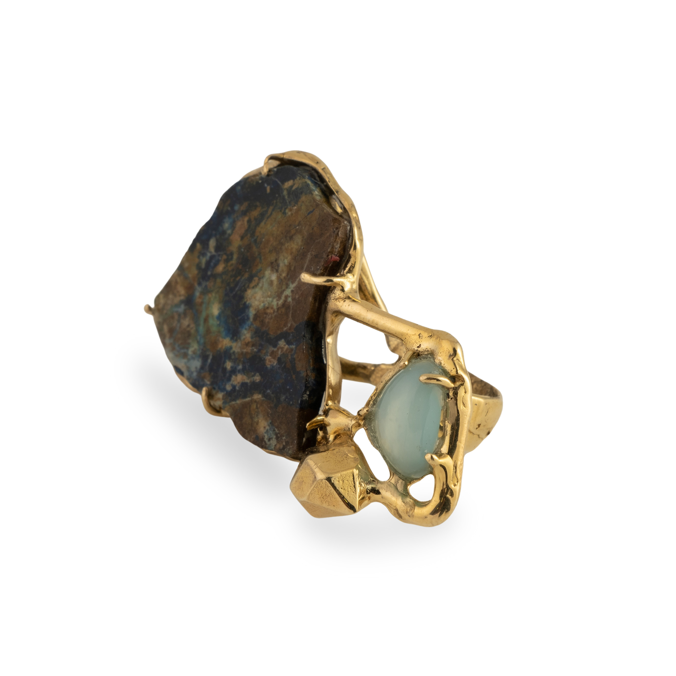 Brass ring with inserts: azurmalachite and aquamarine