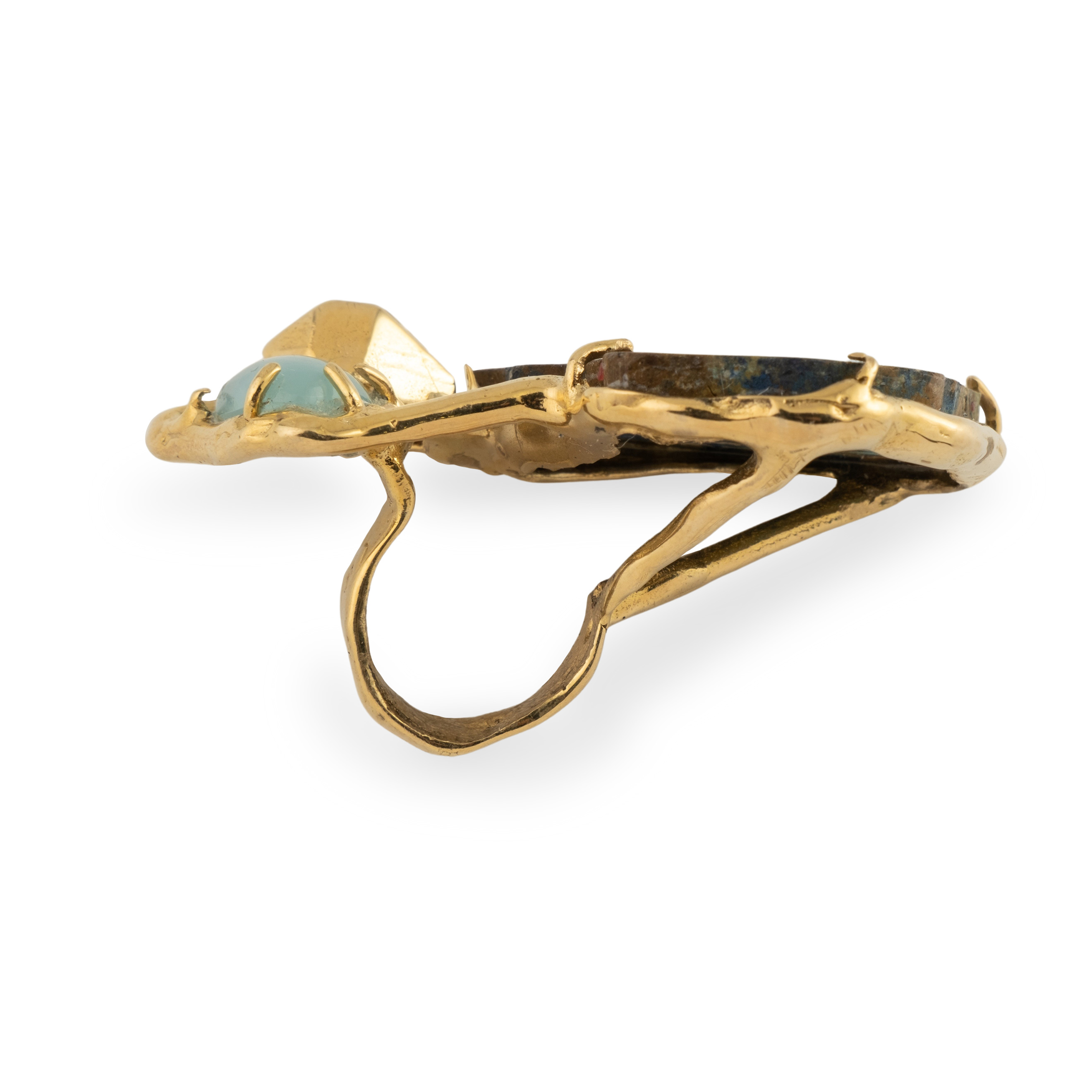 Brass ring with inserts: azurmalachite and aquamarine
