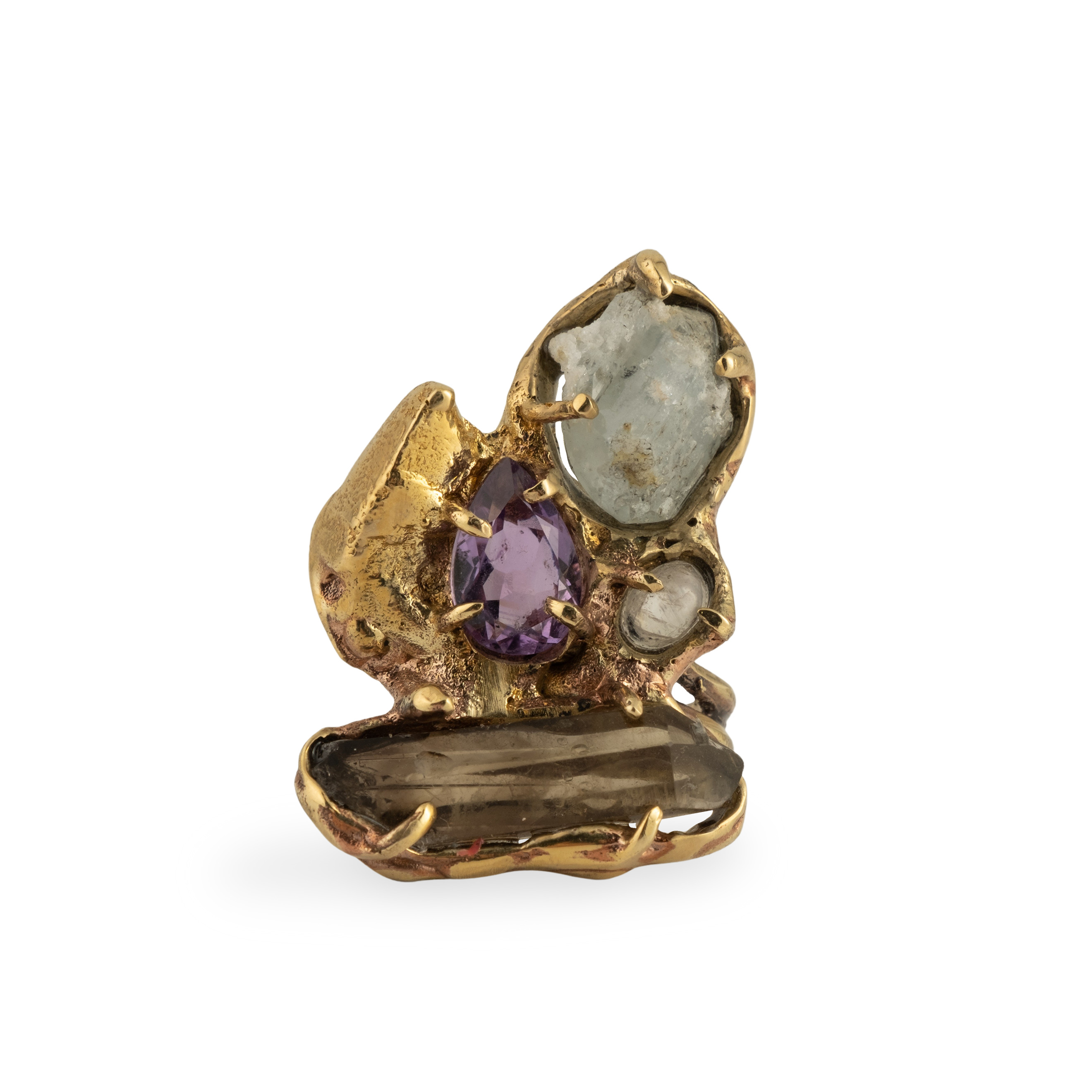 Brass ring with inserts: rauchtopaz, amethyst, moonstone and topaz