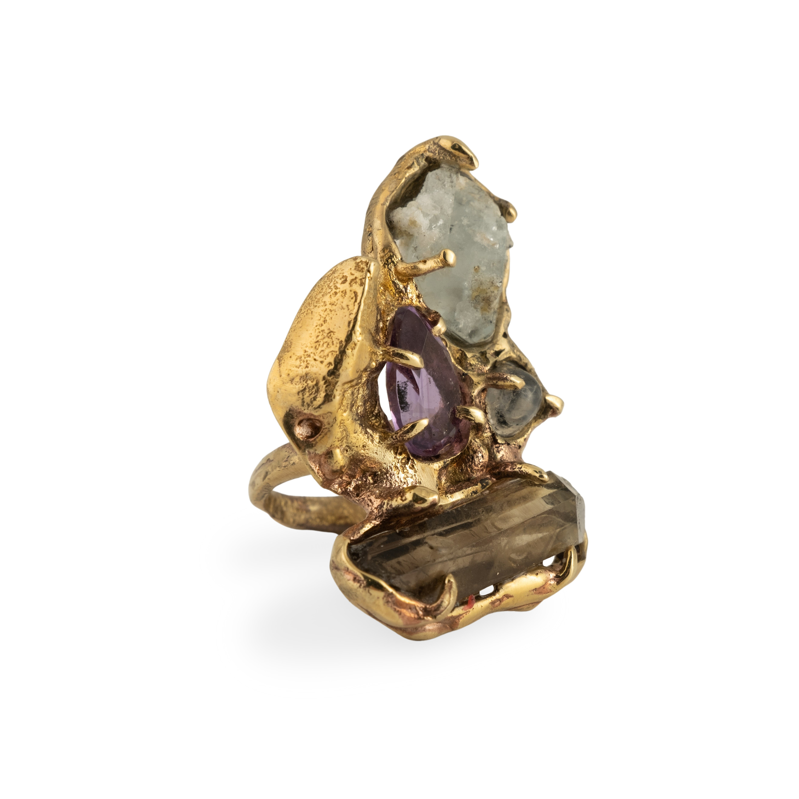 Brass ring with inserts: rauchtopaz, amethyst, moonstone and topaz