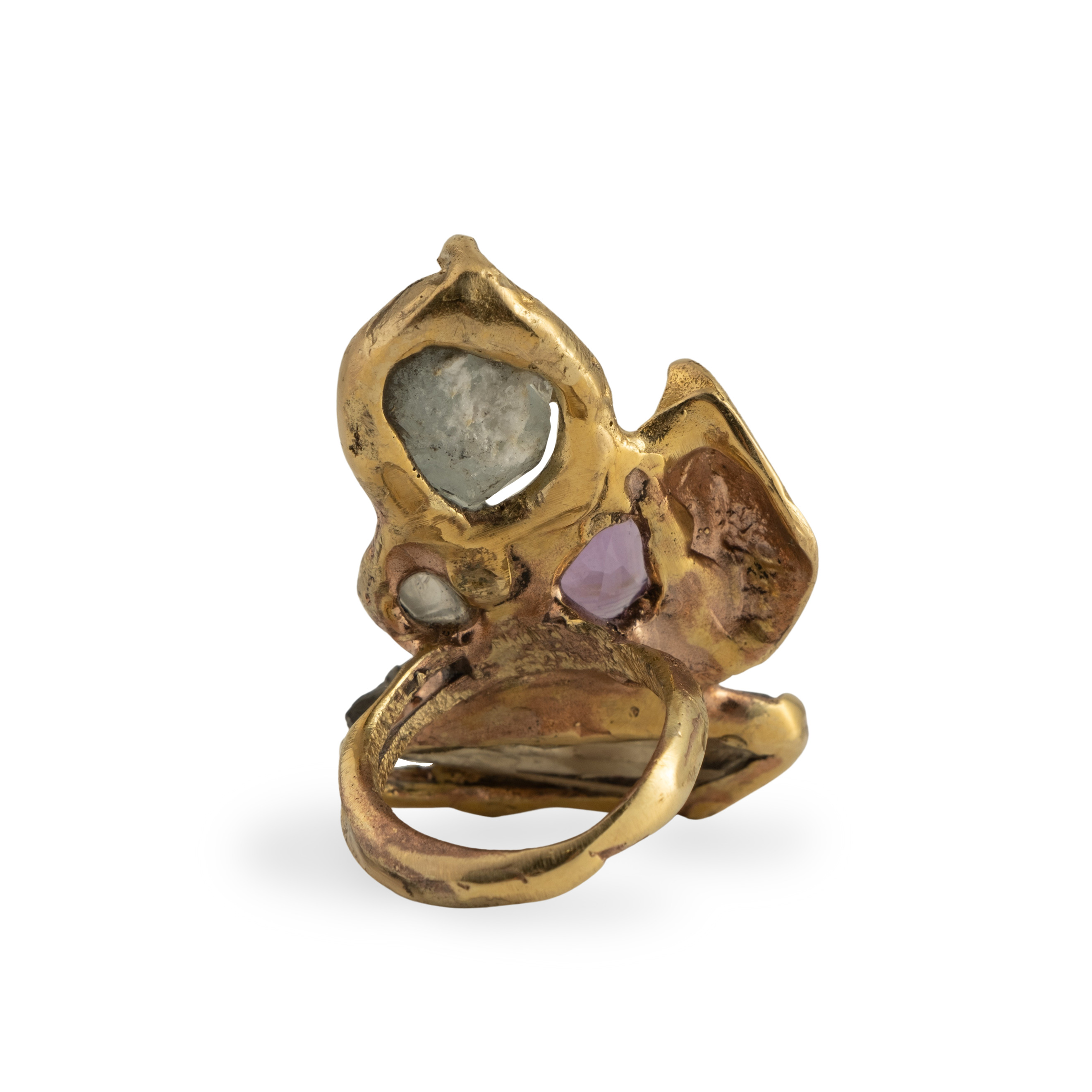 Brass ring with inserts: rauchtopaz, amethyst, moonstone and topaz
