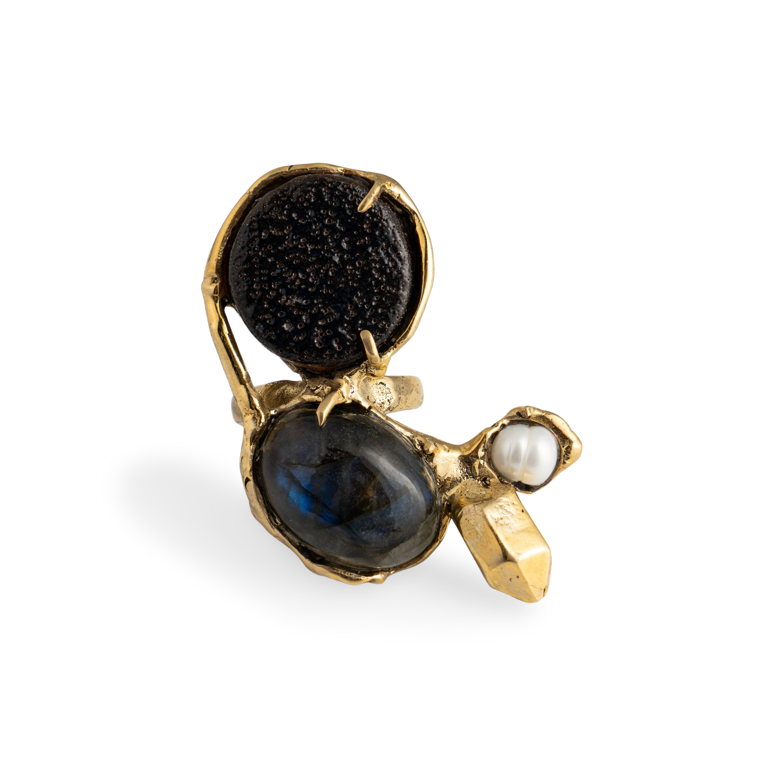 Brass ring with inserts: labrador, ceramics and pearls