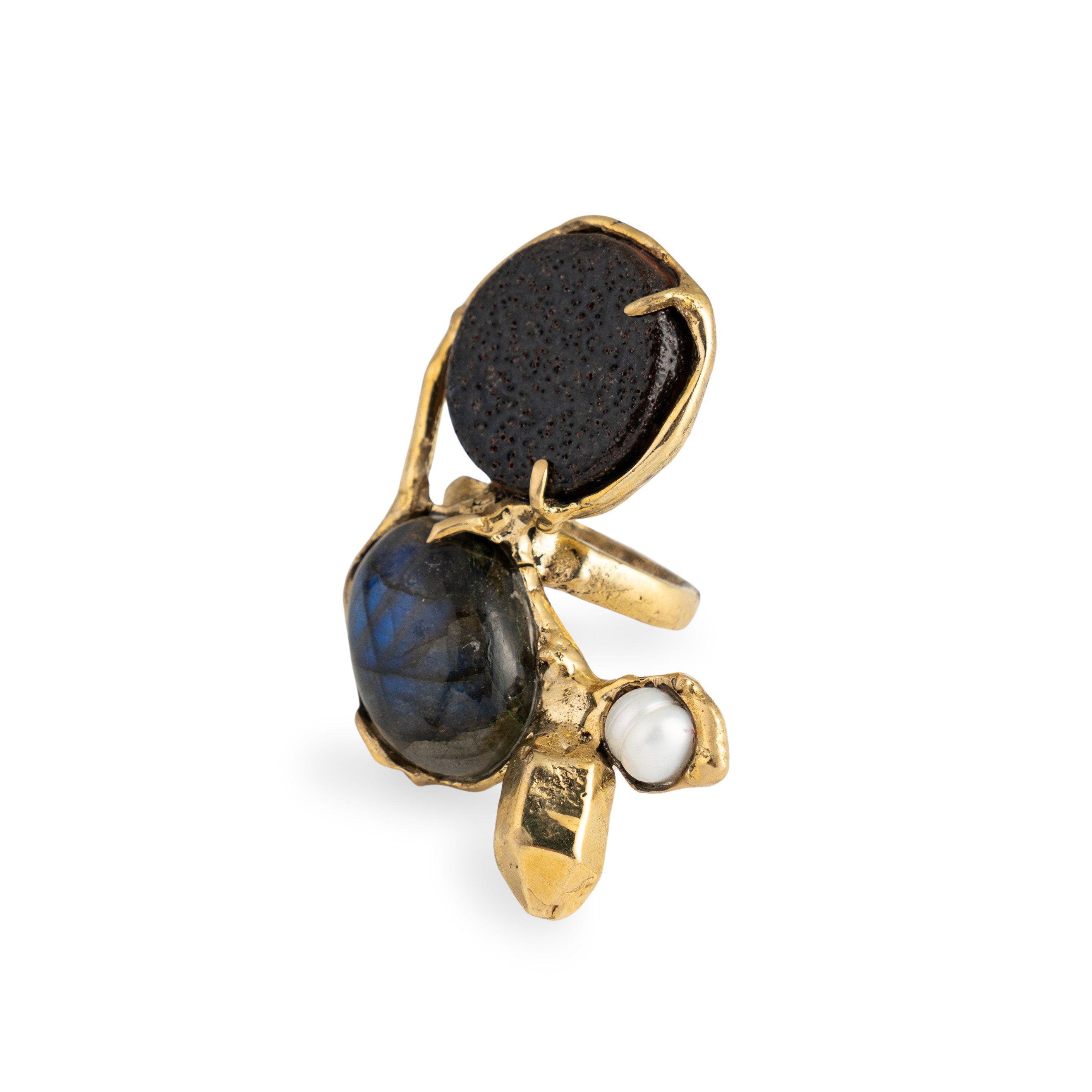 Brass ring with inserts: labrador, ceramics and pearls