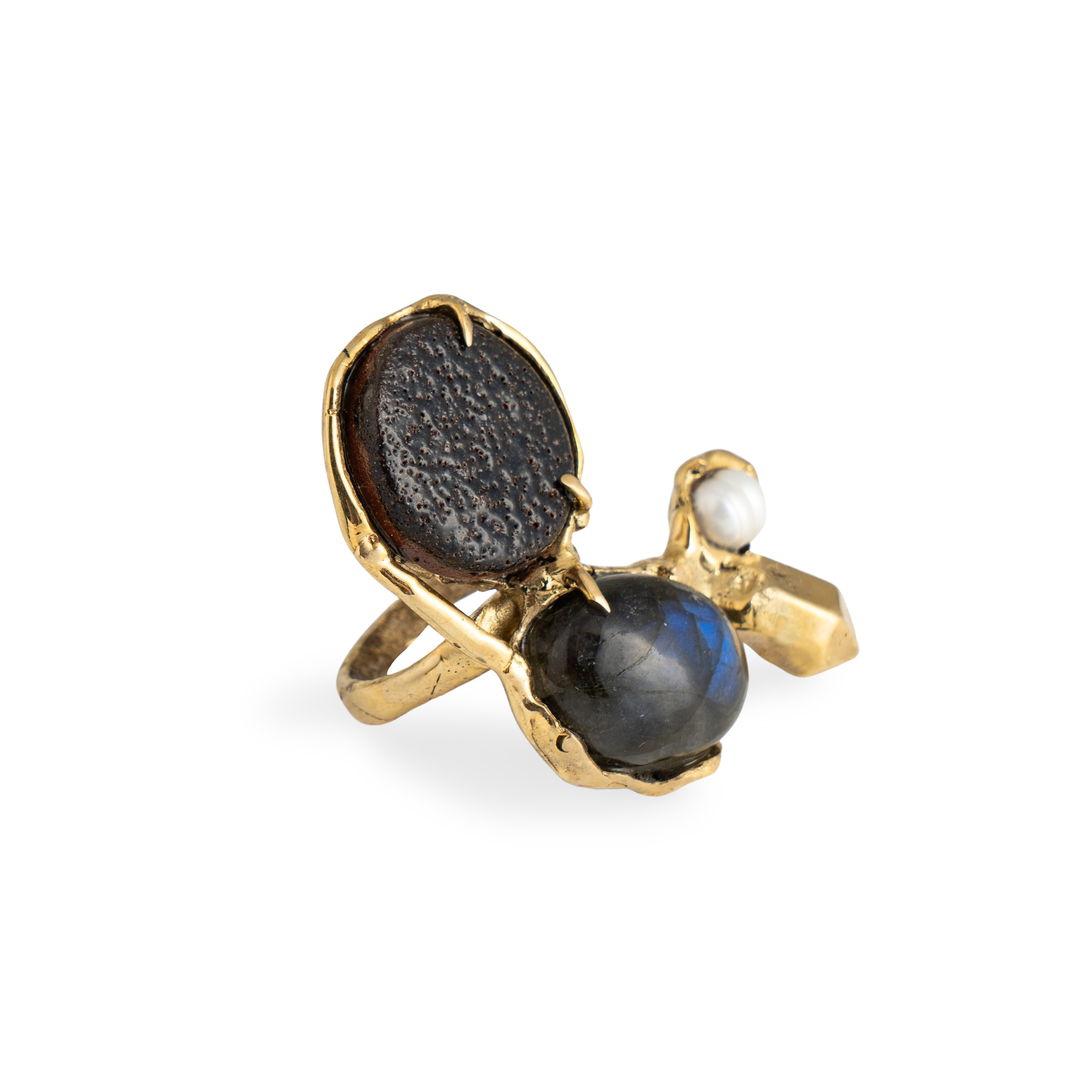 Brass ring with inserts: labrador, ceramics and pearls