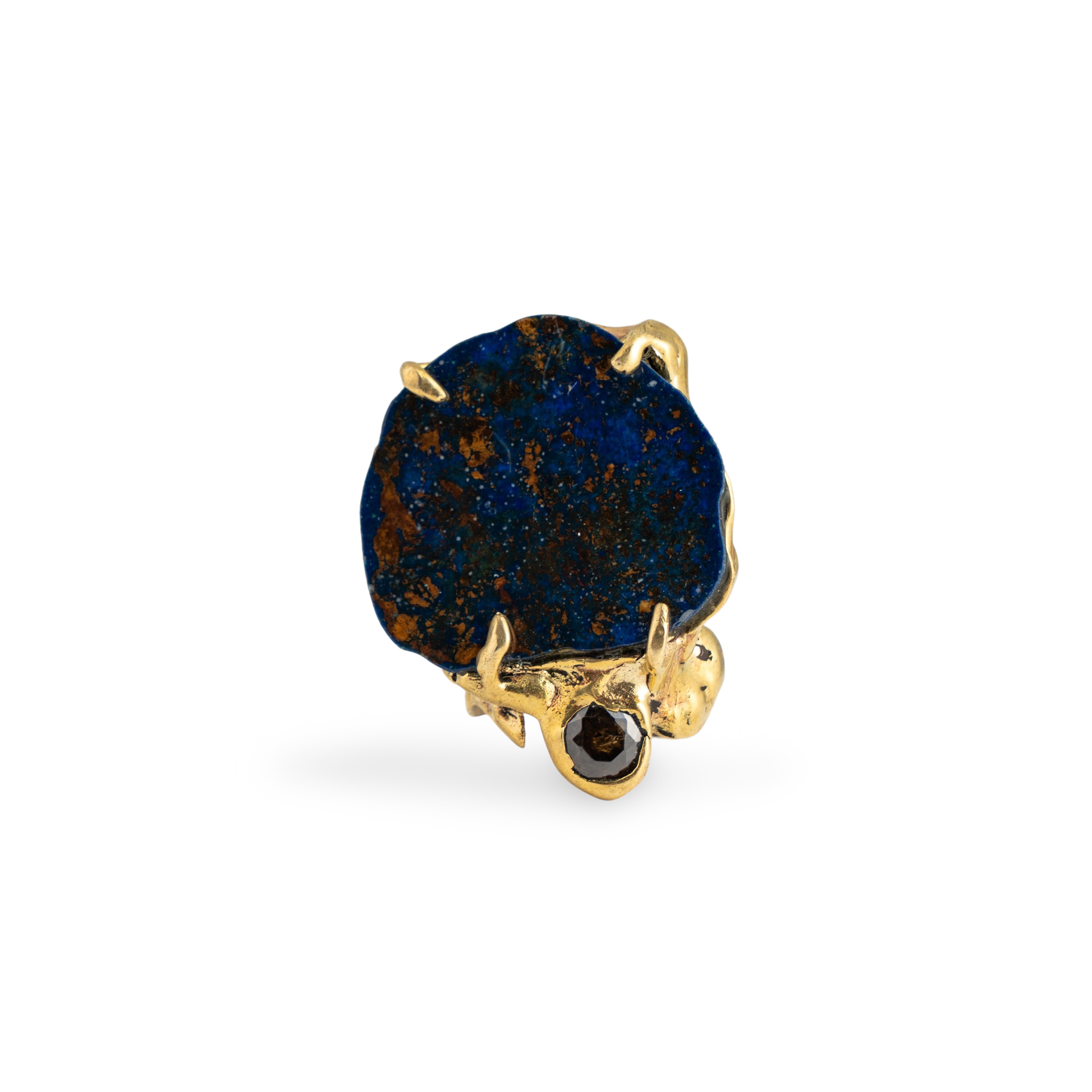 Brass ring with inserts: azurmalachite and tourmaline