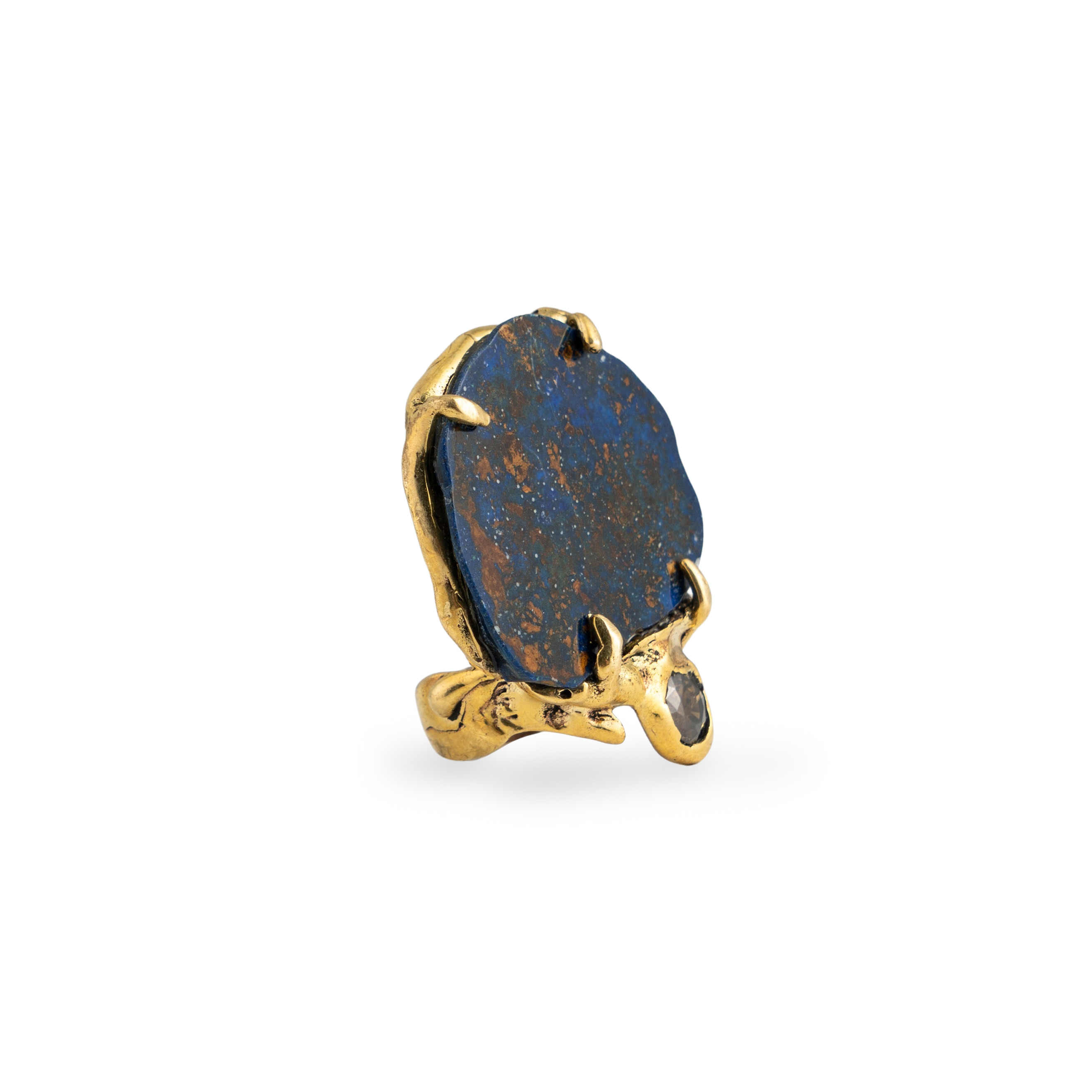Brass ring with inserts: azurmalachite and tourmaline