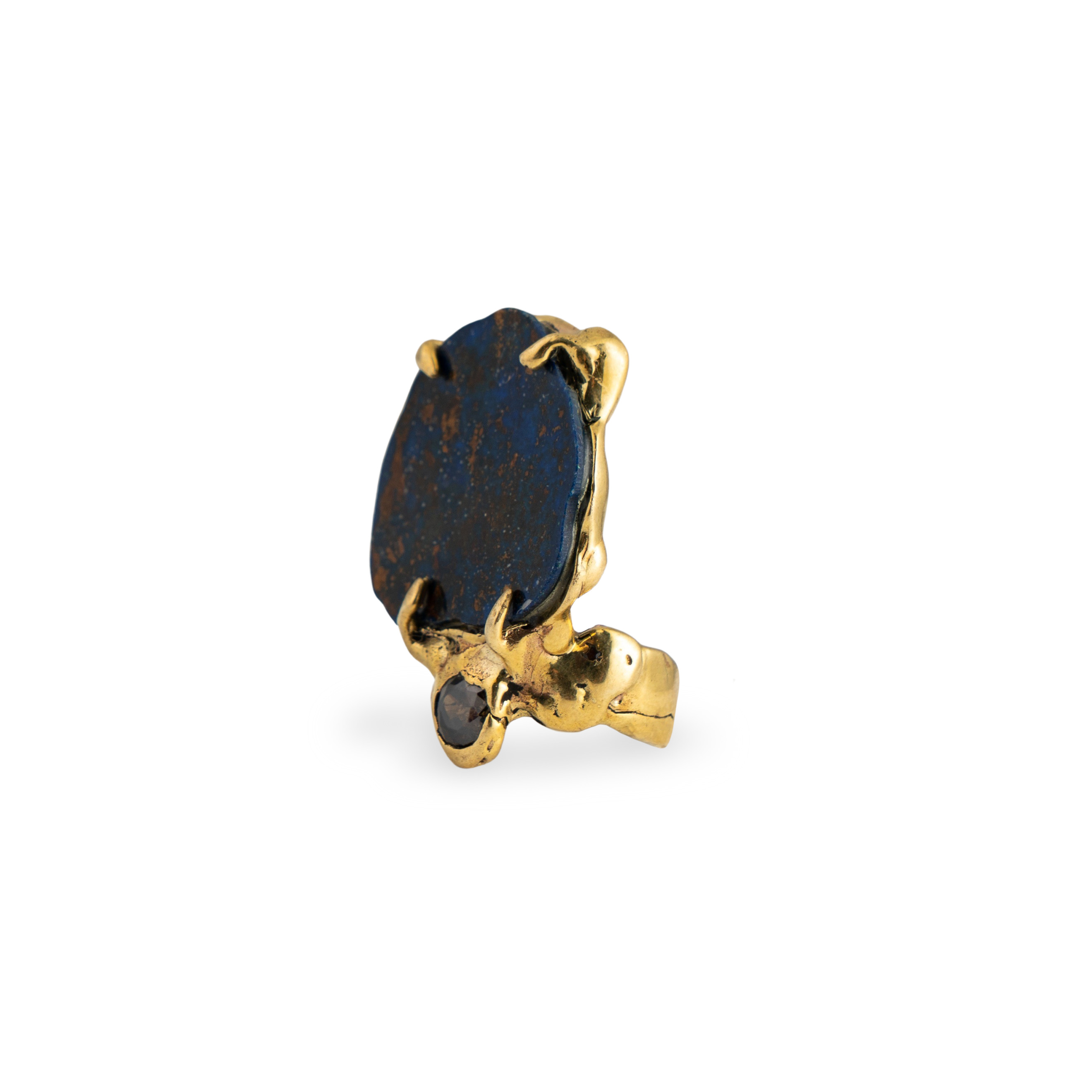 Brass ring with inserts: azurmalachite and tourmaline