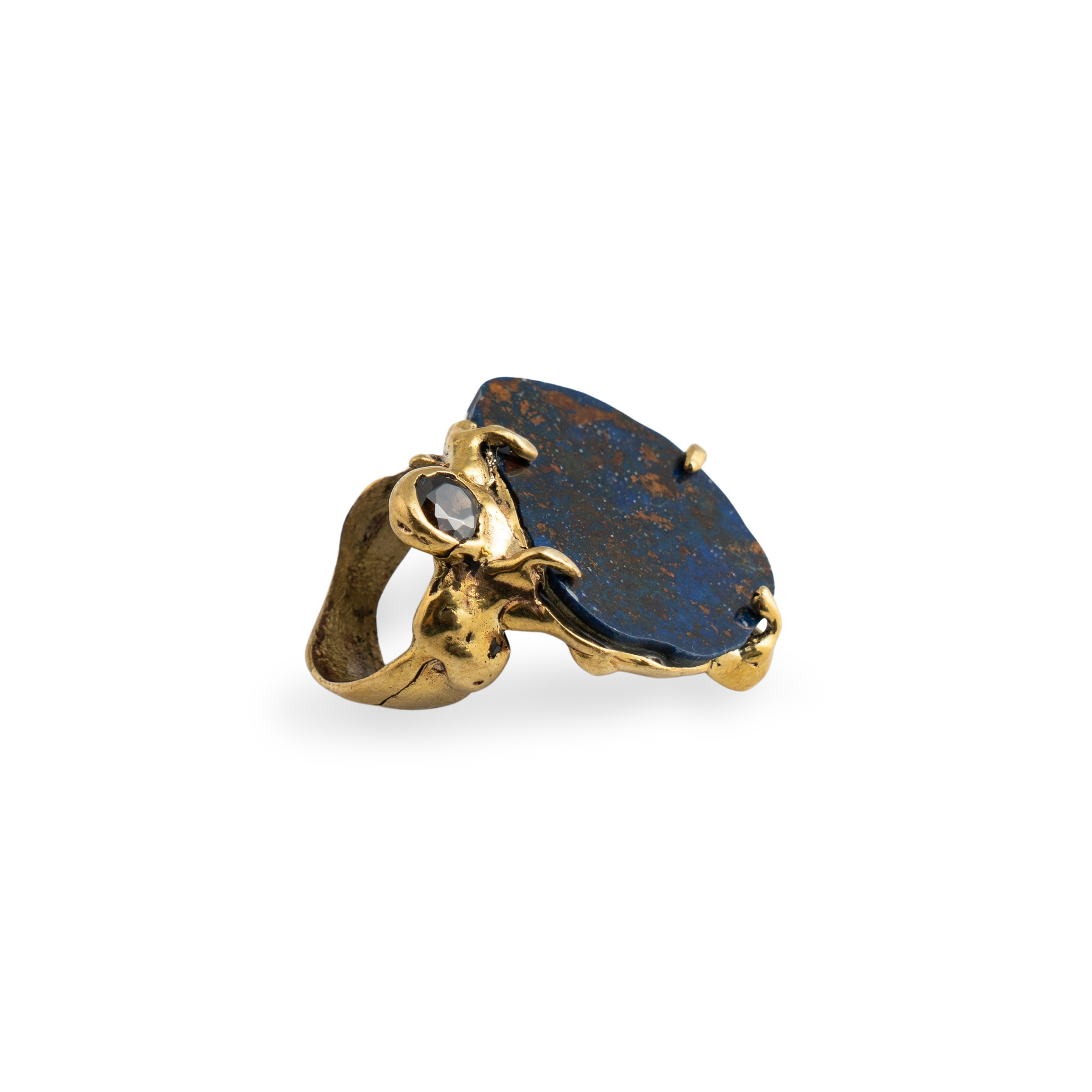 Brass ring with inserts: azurmalachite and tourmaline