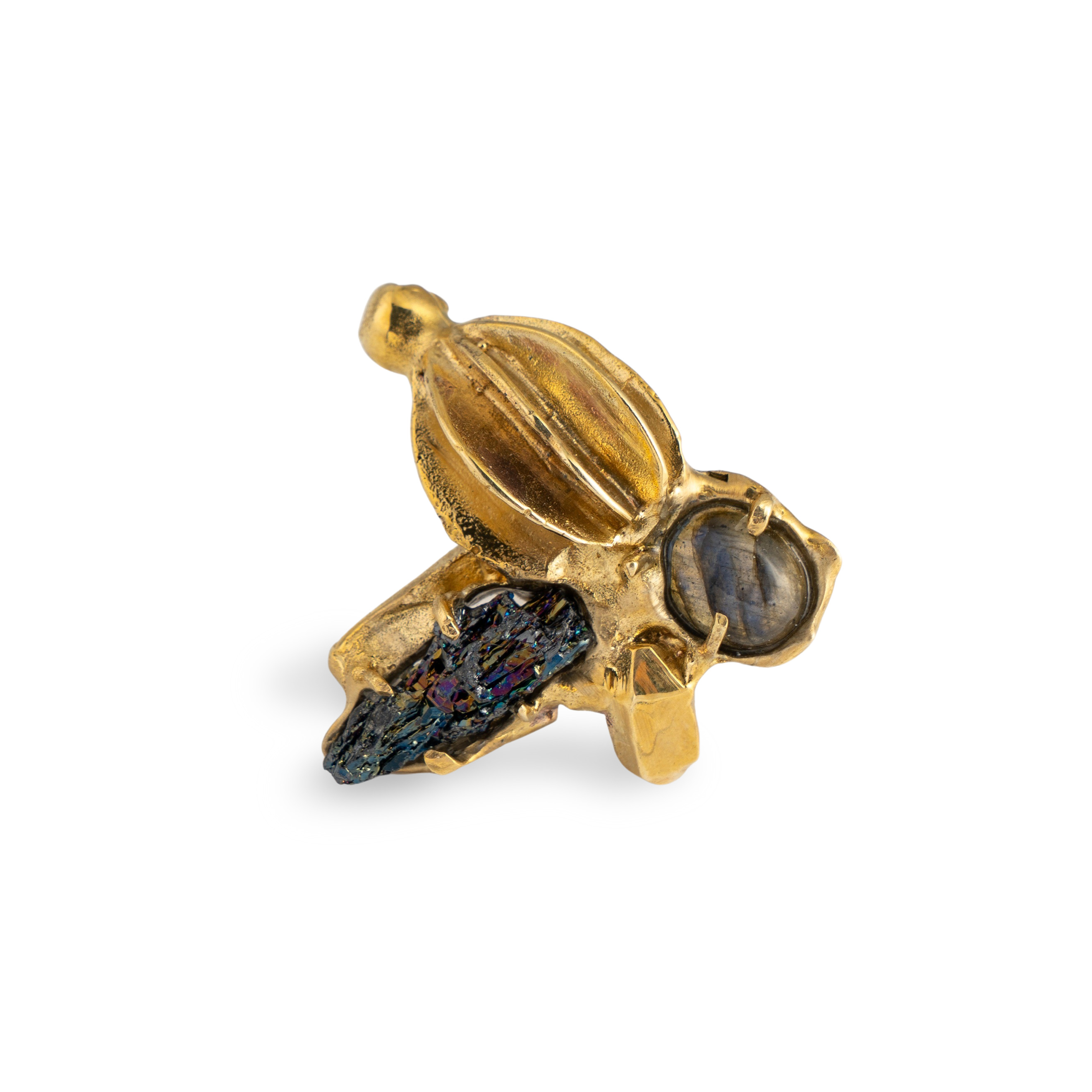 Brass ring with inserts: labrador and quartz