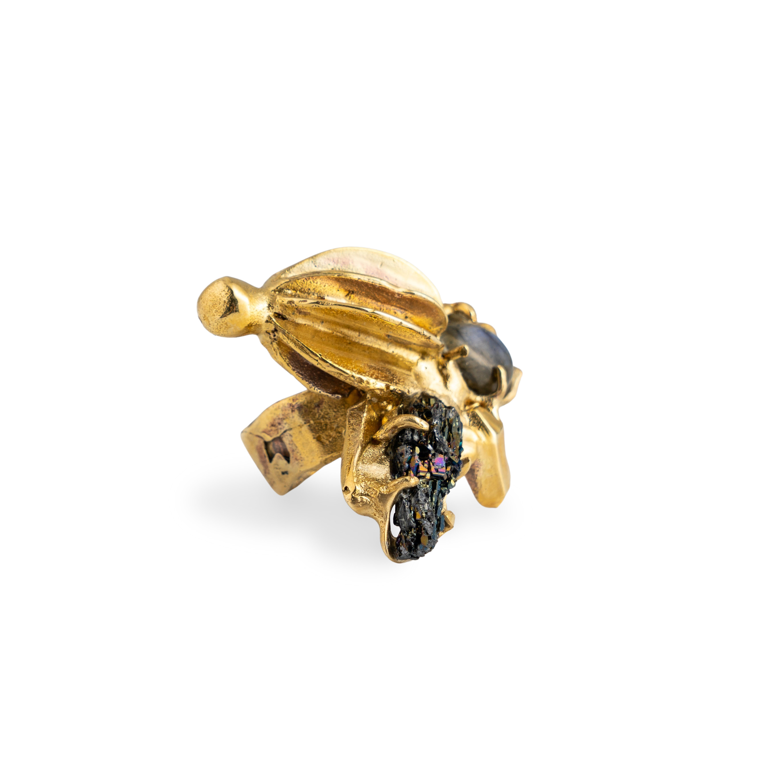Brass ring with inserts: labrador and quartz