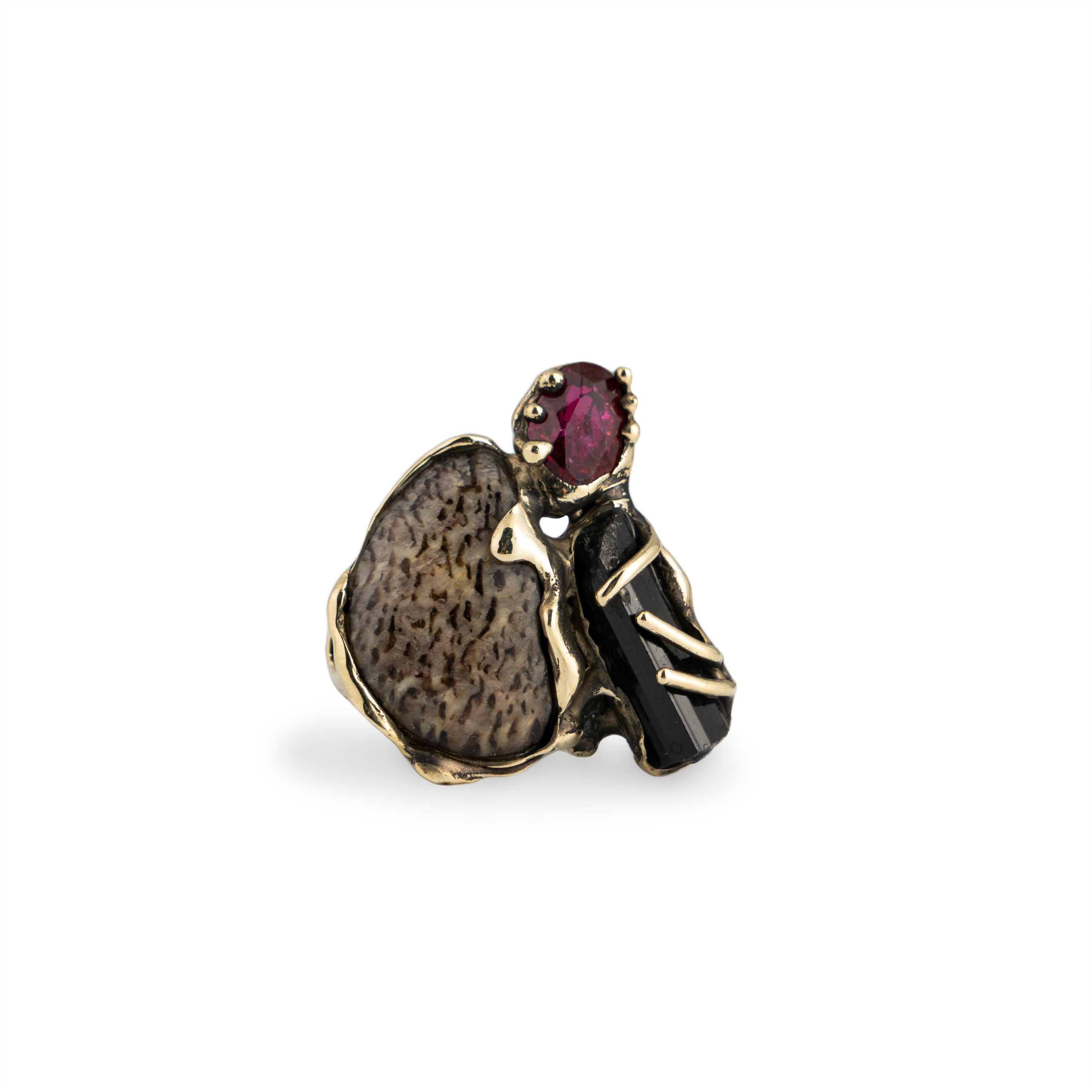 Brass ring with synthetic ruby, tourmaline and Jewish stone