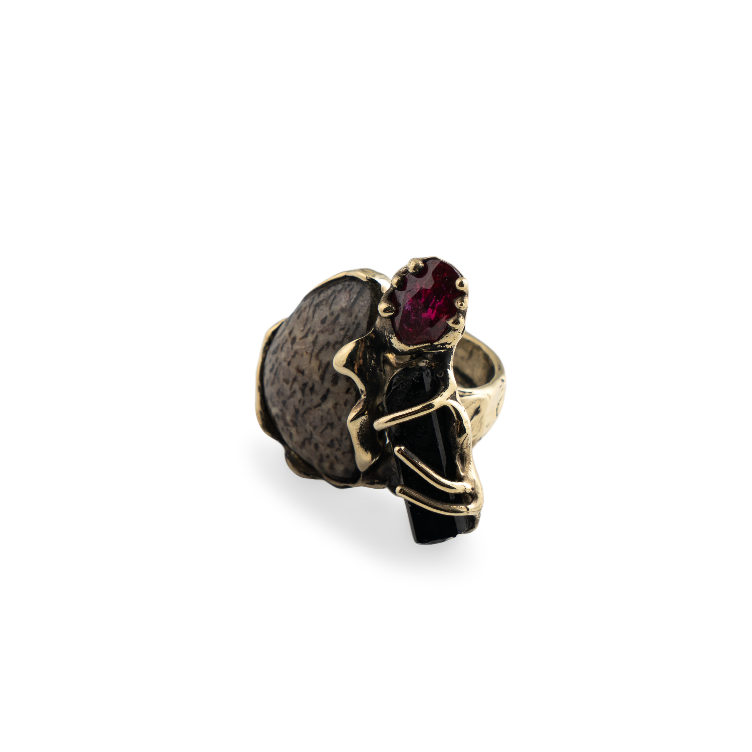 Brass ring with synthetic ruby, tourmaline and Jewish stone