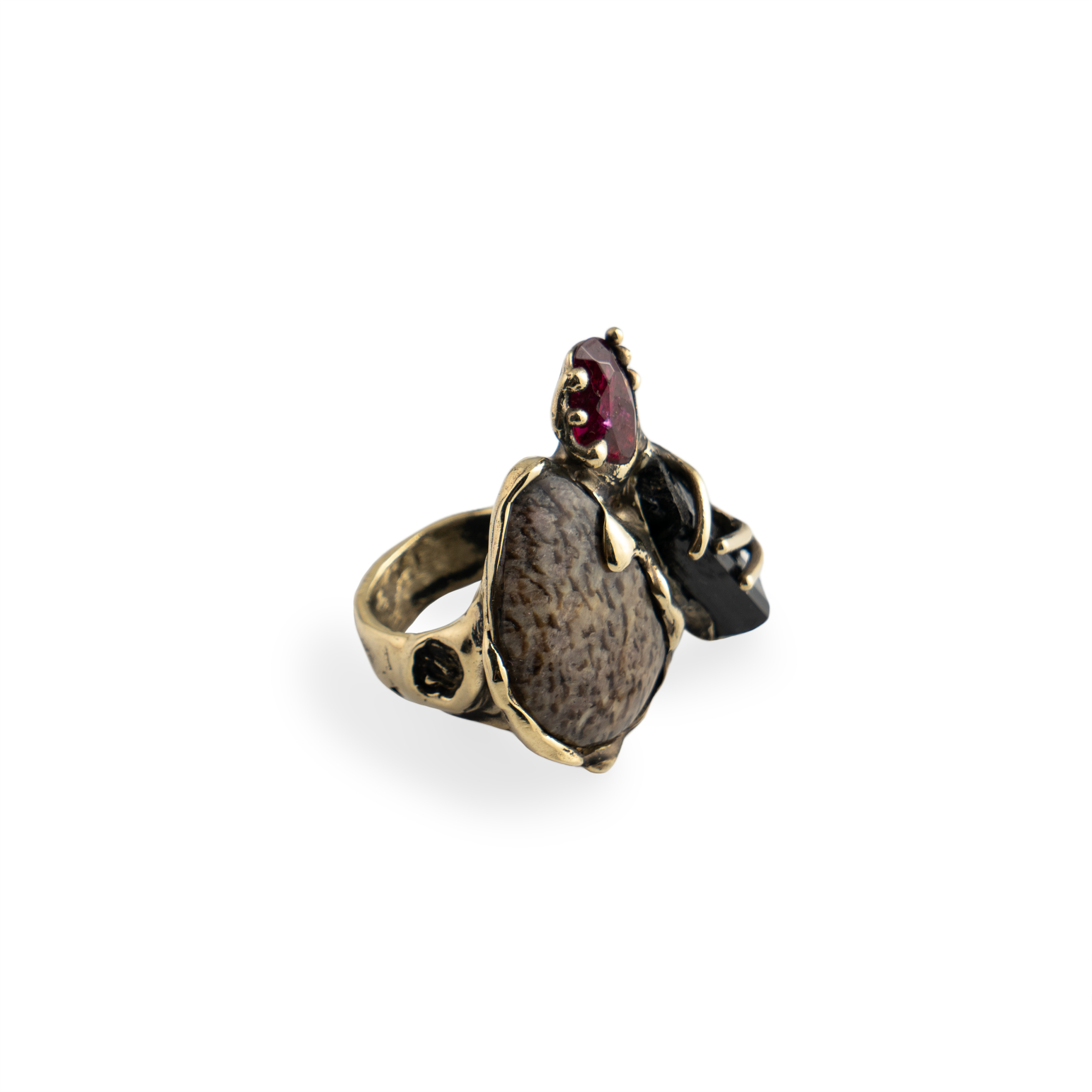 Brass ring with synthetic ruby, tourmaline and Jewish stone