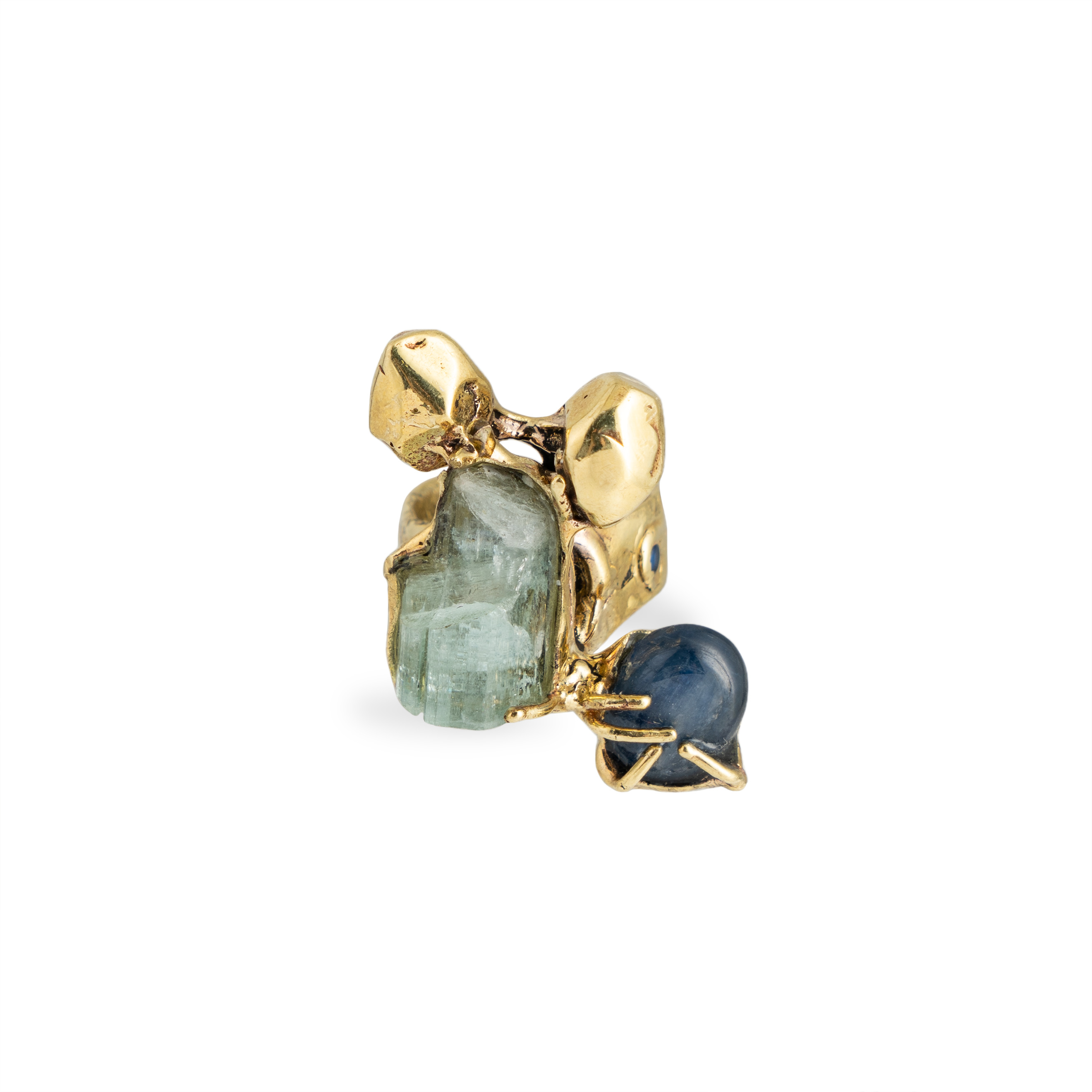 Brass ring with inserts: aquamarine and kyanite