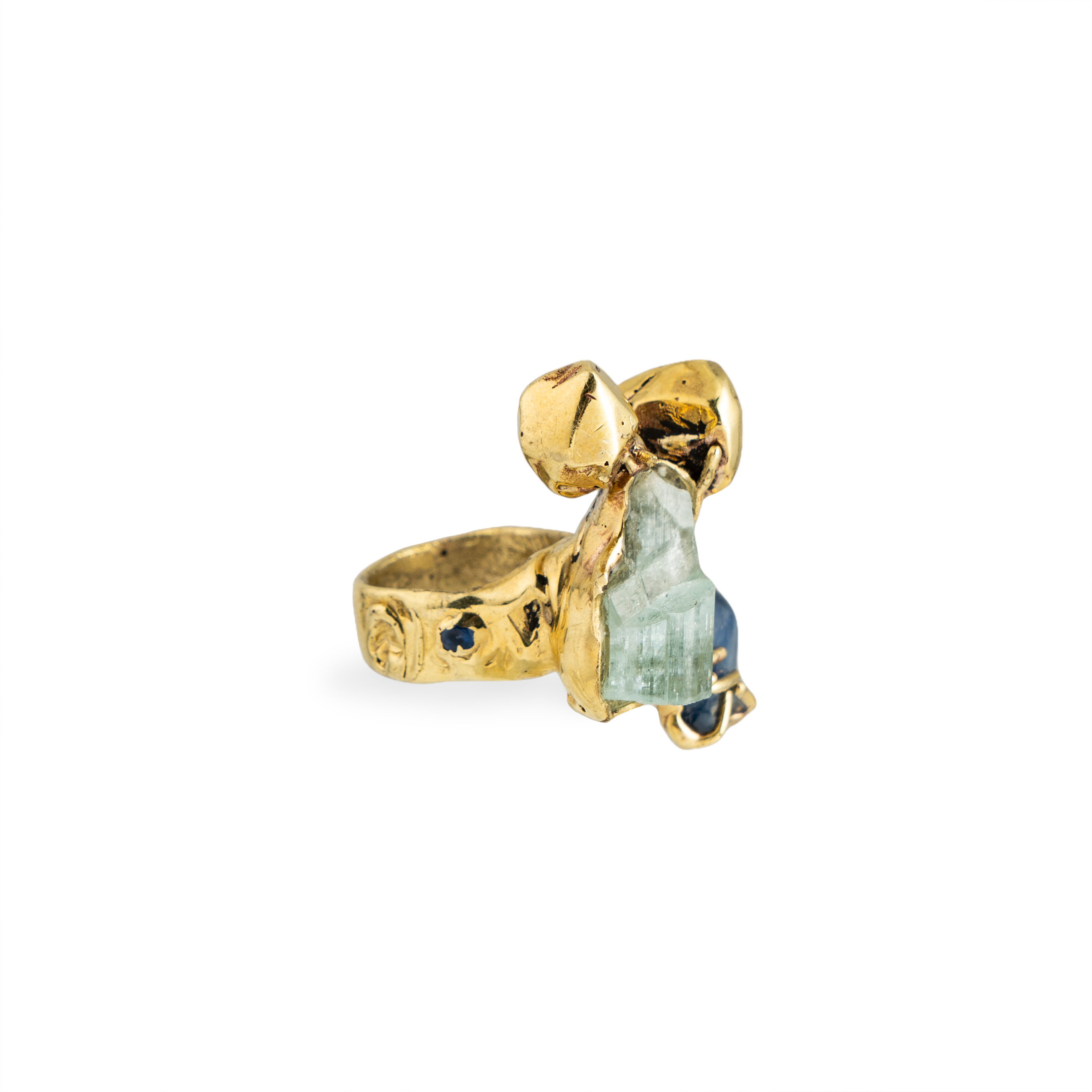 Brass ring with inserts: aquamarine and kyanite