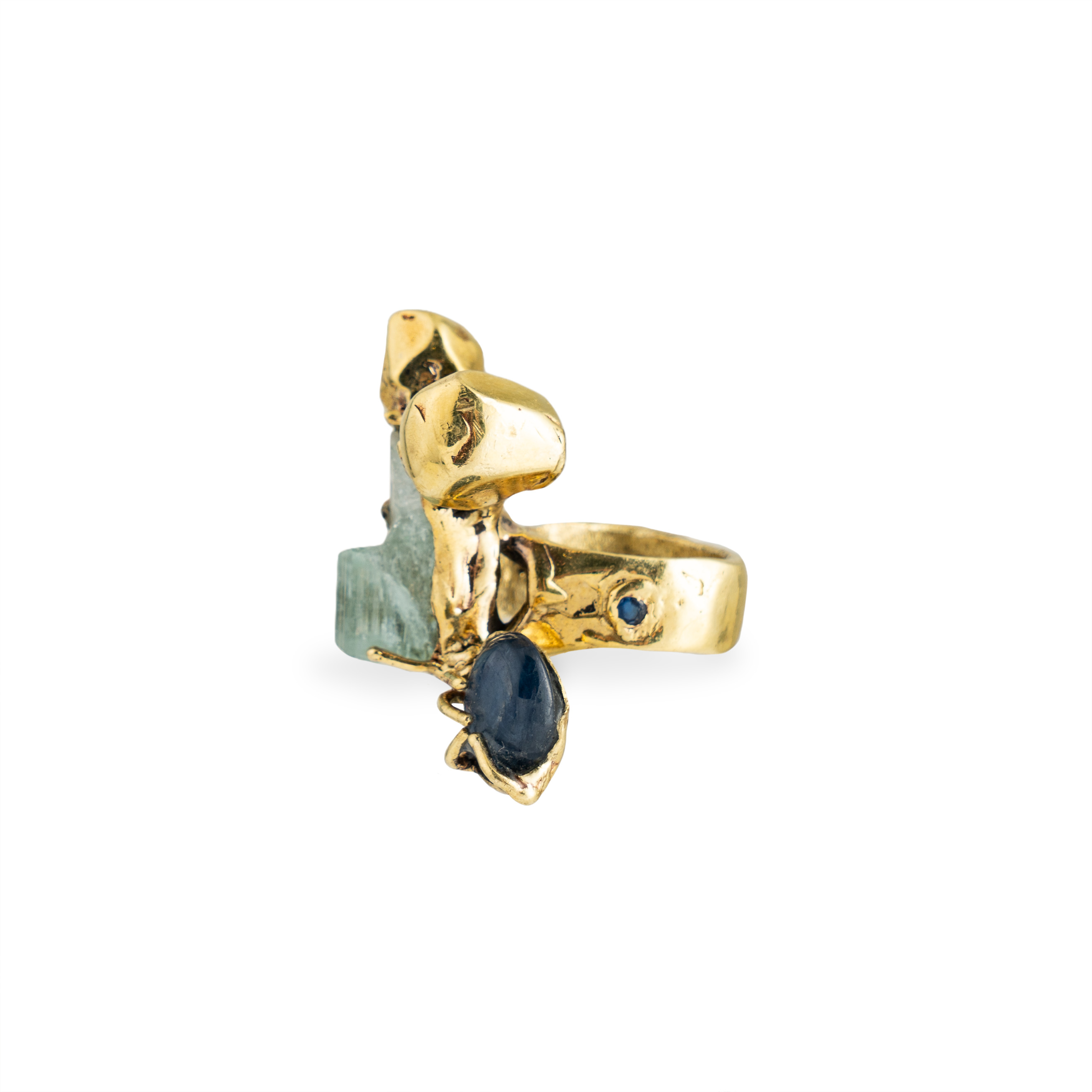 Brass ring with inserts: aquamarine and kyanite