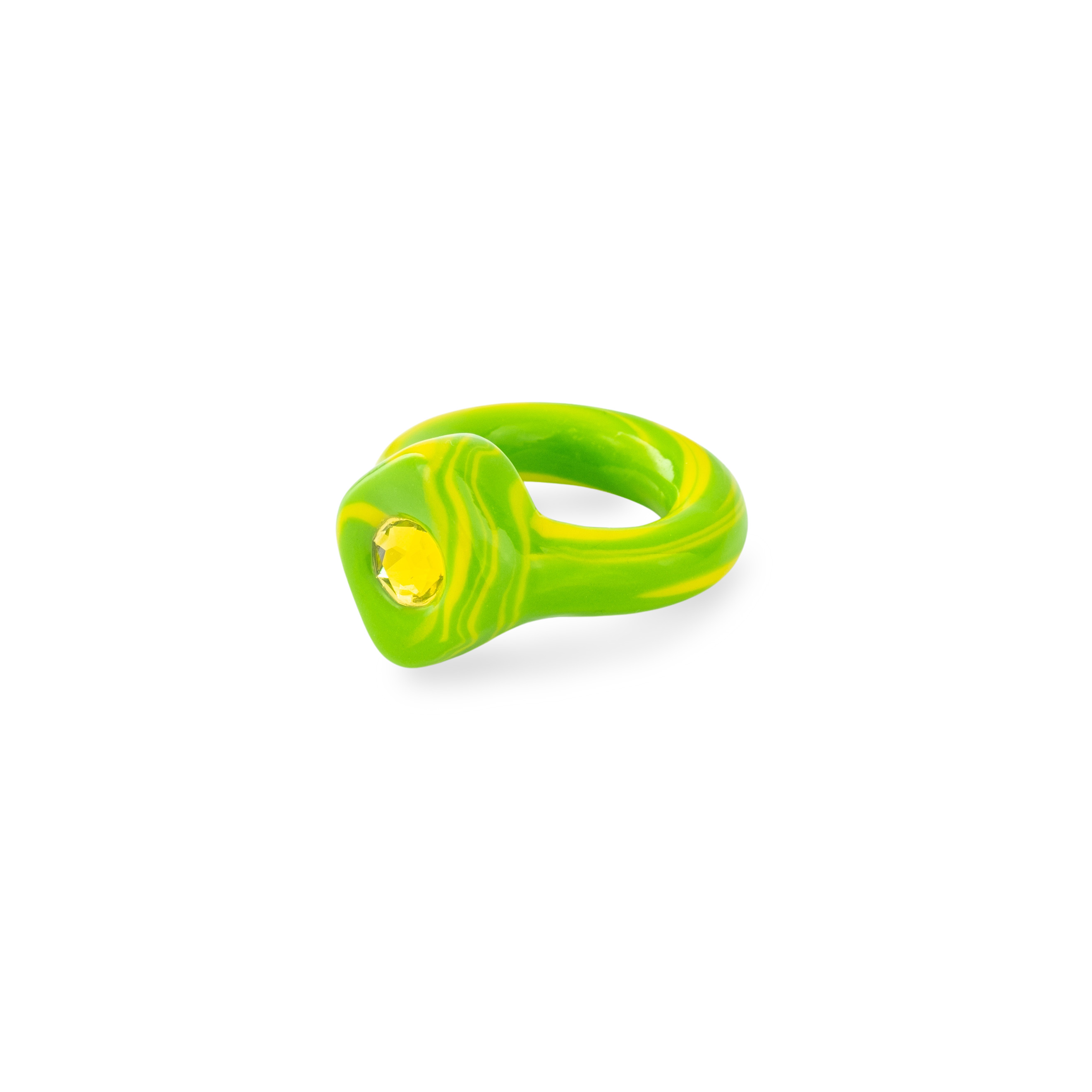 green and yellow tie-dye polymer clay ring with yellow rhinestone