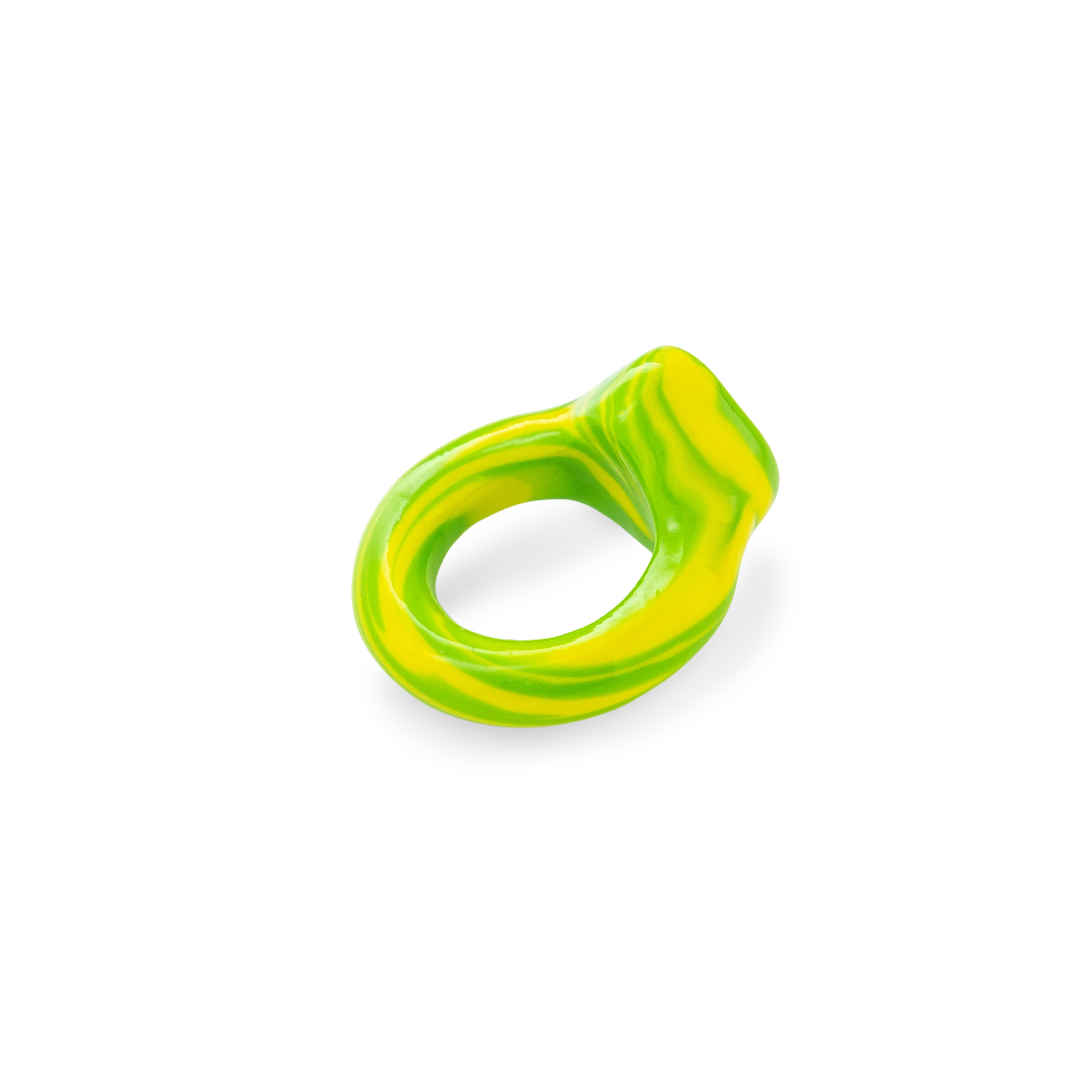 green and yellow tie-dye polymer clay ring with yellow rhinestone