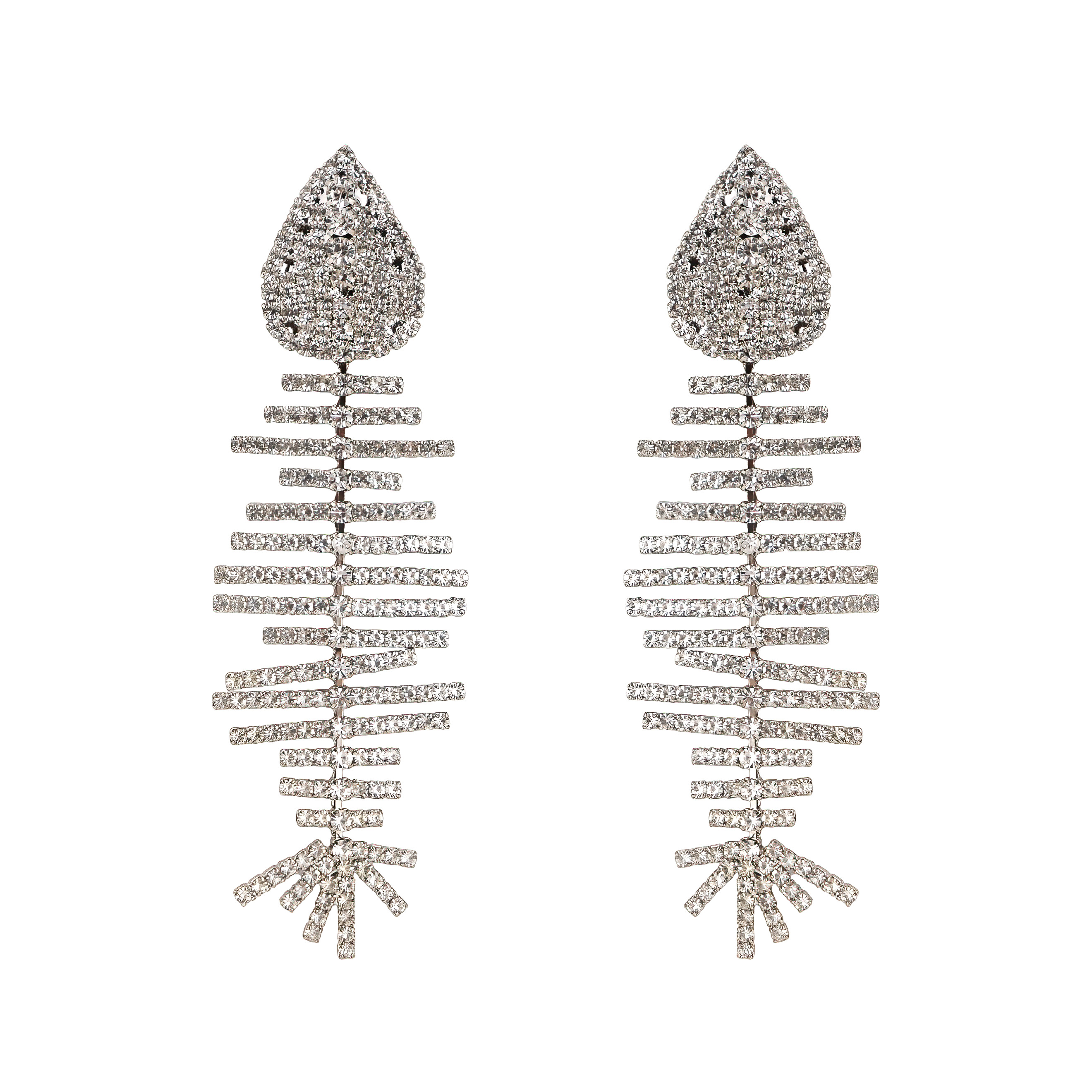 Silver fish earrings with white crystals