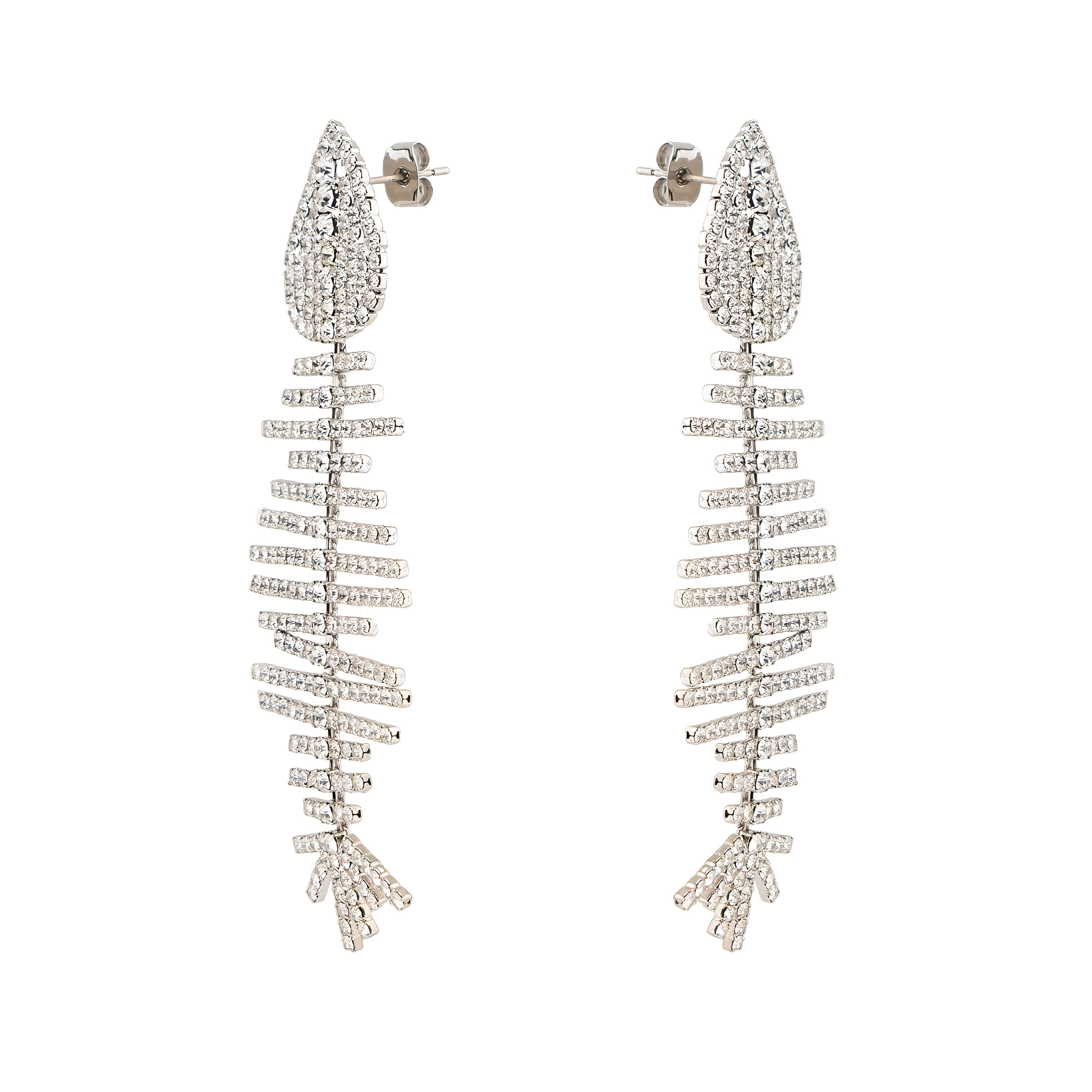 Silver fish earrings with white crystals