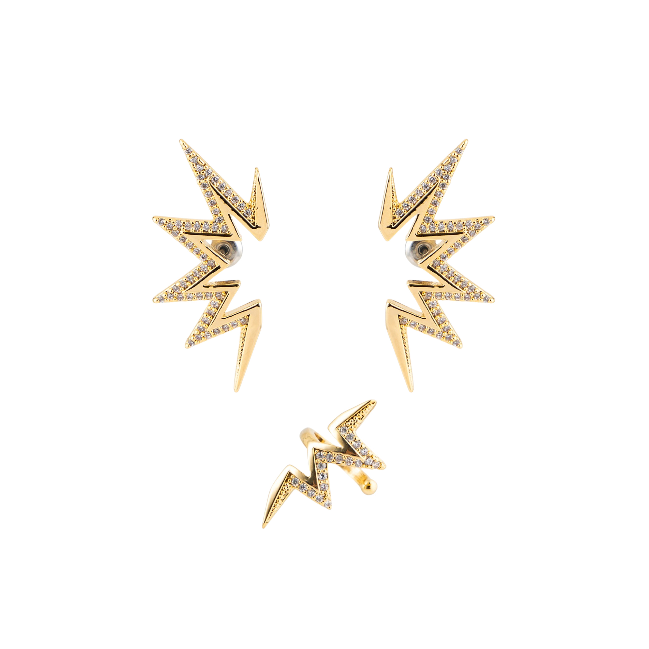 Golden set of earrings and cuff in the form of rays
