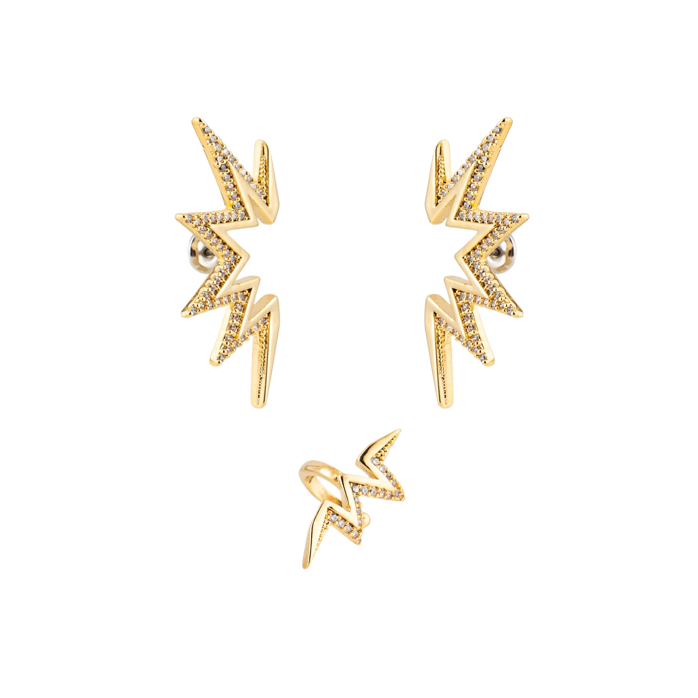 Golden set of earrings and cuff in the form of rays