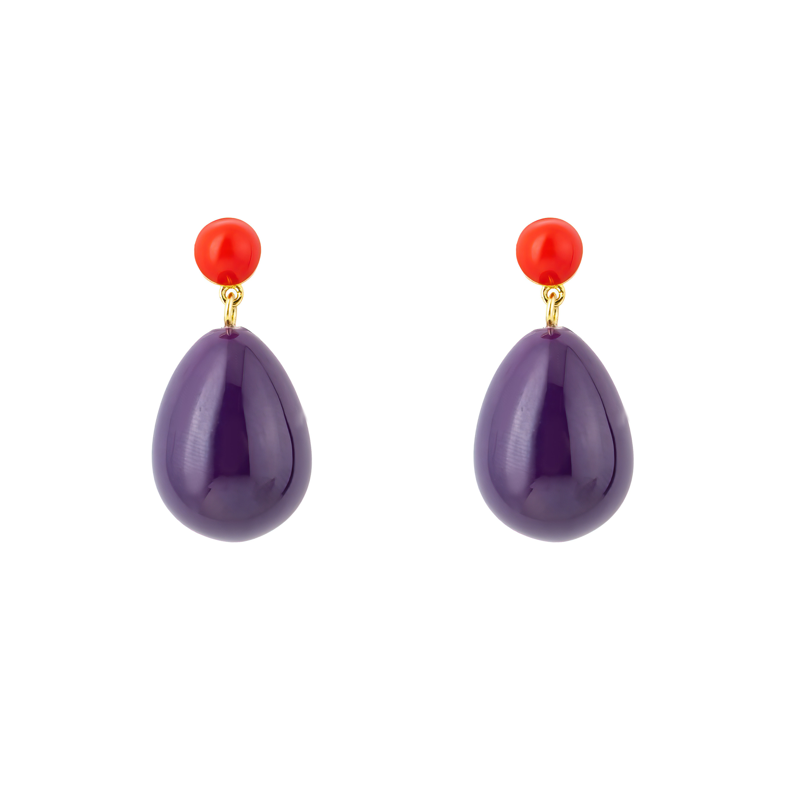 Small gold-plated silver earrings with purple and red enamel