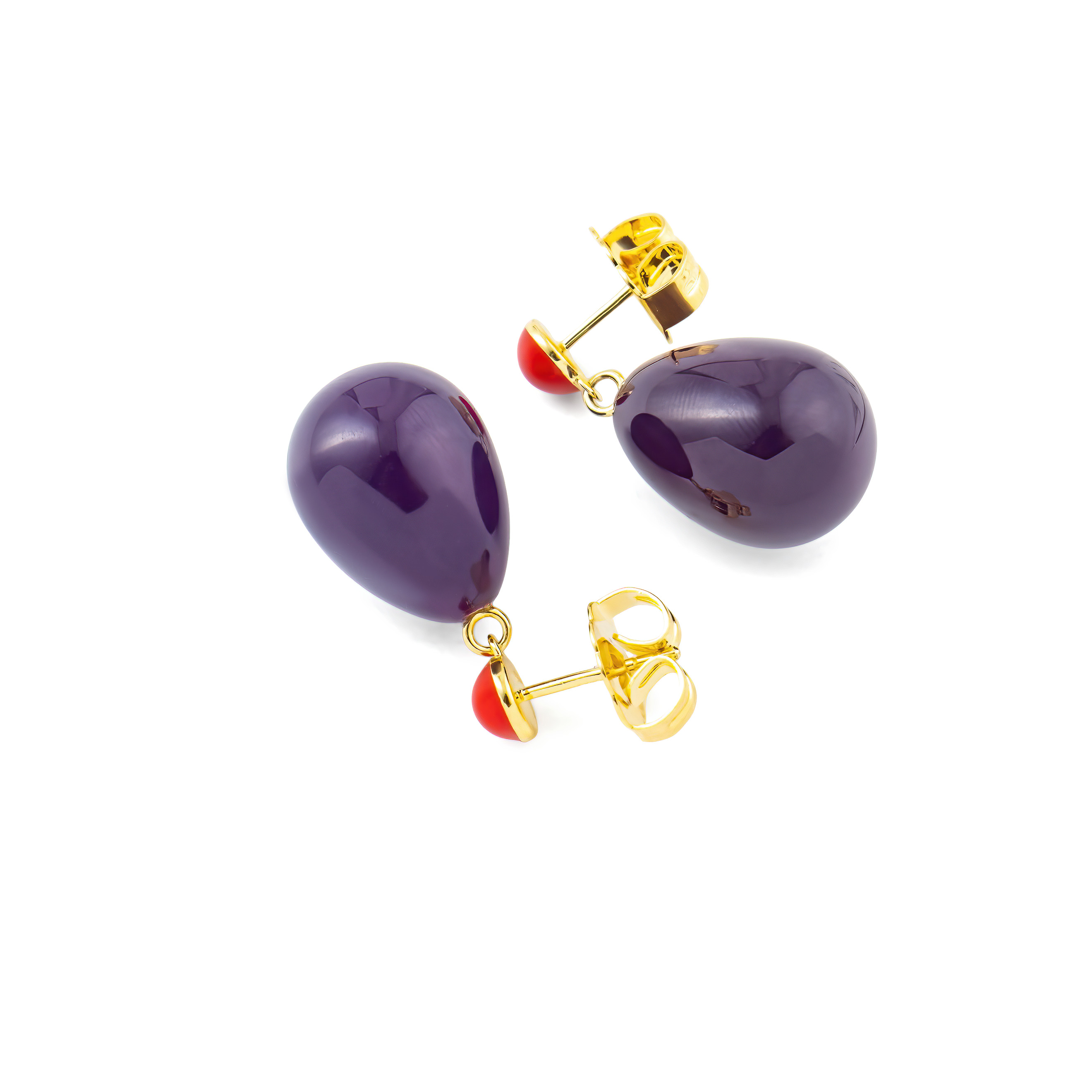 Small gold-plated silver earrings with purple and red enamel
