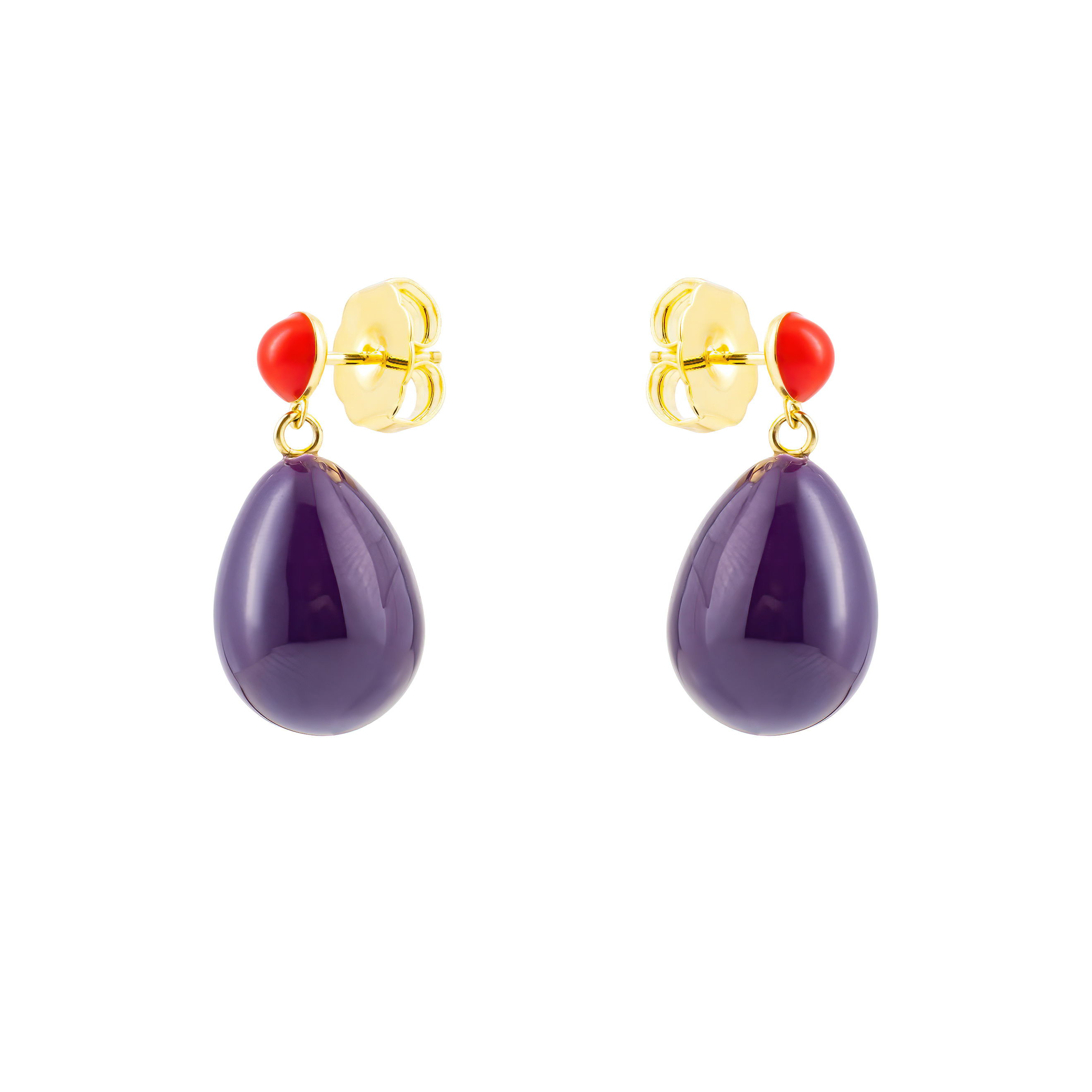 Small gold-plated silver earrings with purple and red enamel