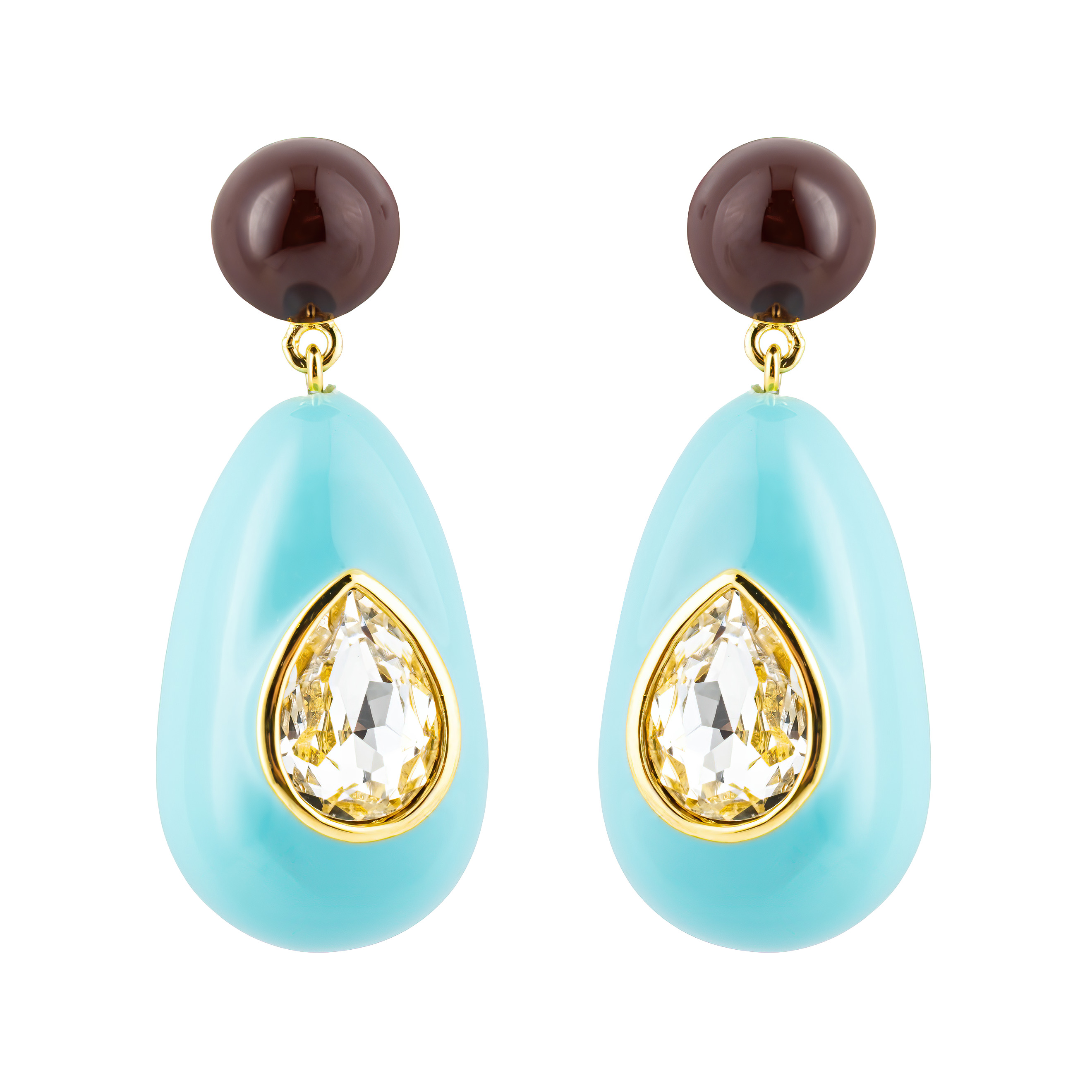 Large earrings with brown and blue enamel with large crystals